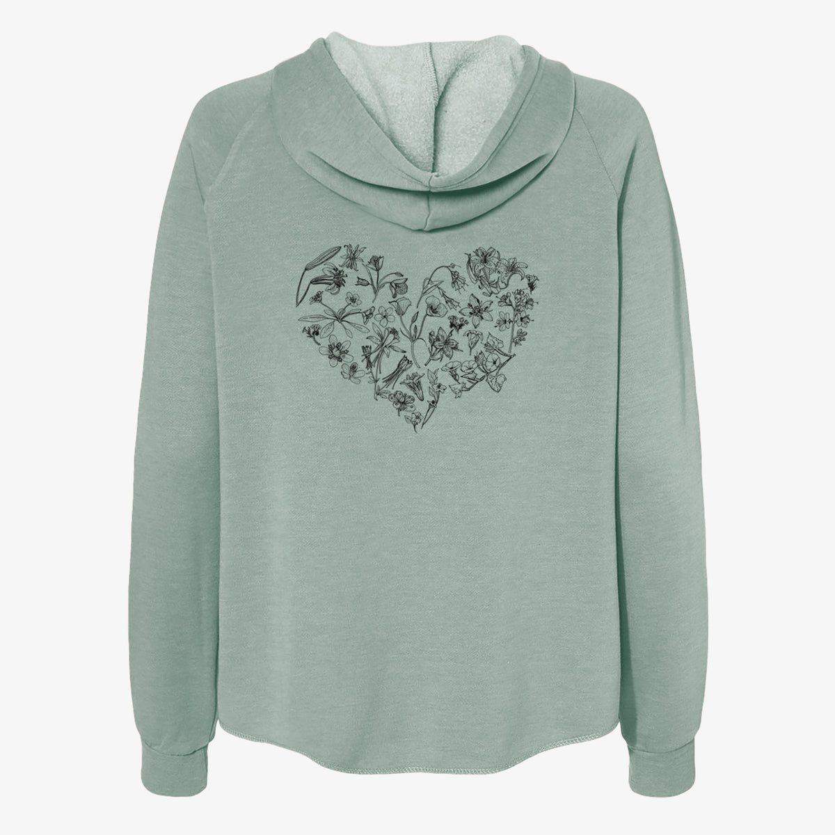 Sage green women's Cali Wave zip-up sweatshirt laid flat, printed with a heart shape filled with black ink California mountain wildflowers.