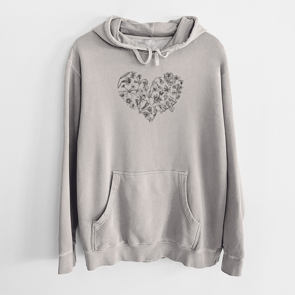 Cement grey pigment dyed hoodie laid flat, printed with a heart shape filled with black ink California mountain wildflowers.