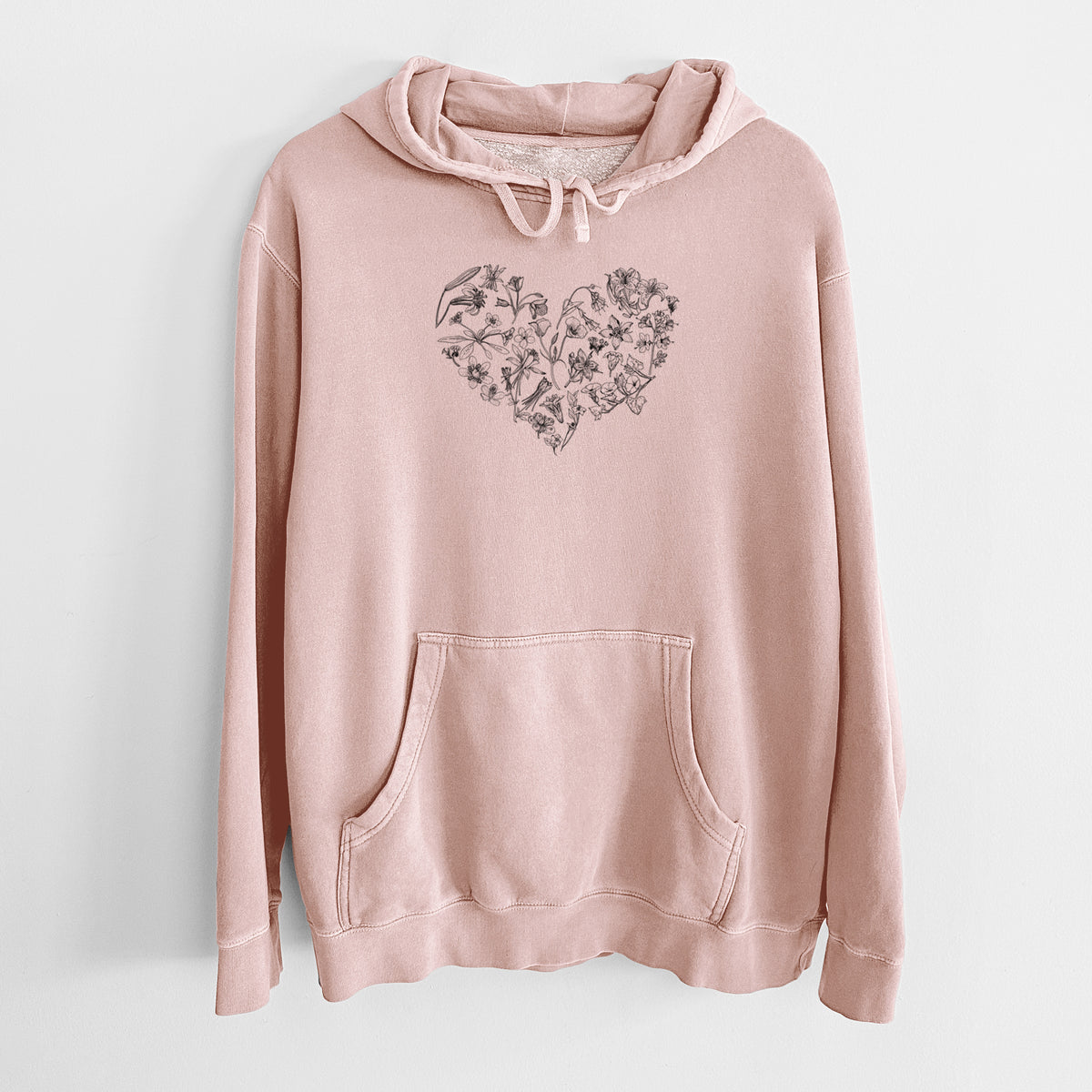 Dusty pink pigment dyed hoodie laid flat, printed with a heart shape filled with black ink California mountain wildflowers.
