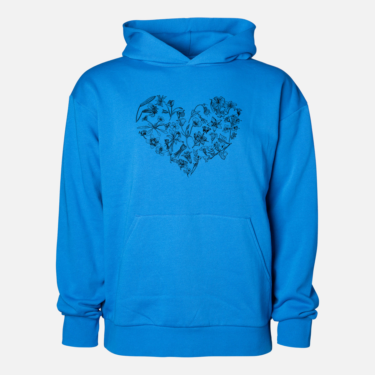 Heart Full of California Mountain Wildflowers - Statement Midweight Hoodie in Azure Blue, shown from the front with the design printed on the chest above a front kangaroo pocket.