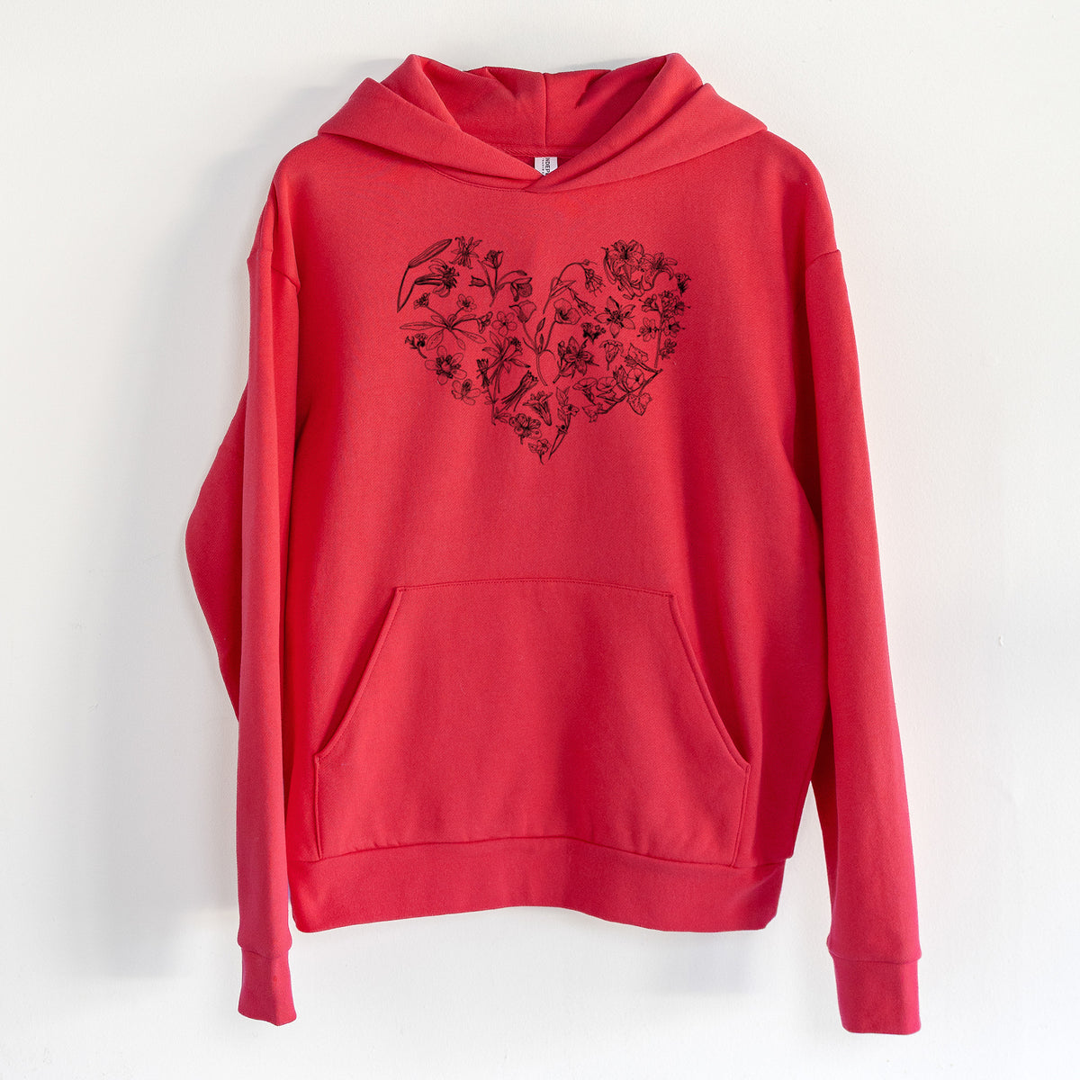 Heart Full of California Mountain Wildflowers - Statement Midweight Hoodie in Cherry Red, hanging on a white wall, with a front kangaroo pocket and no drawcords.