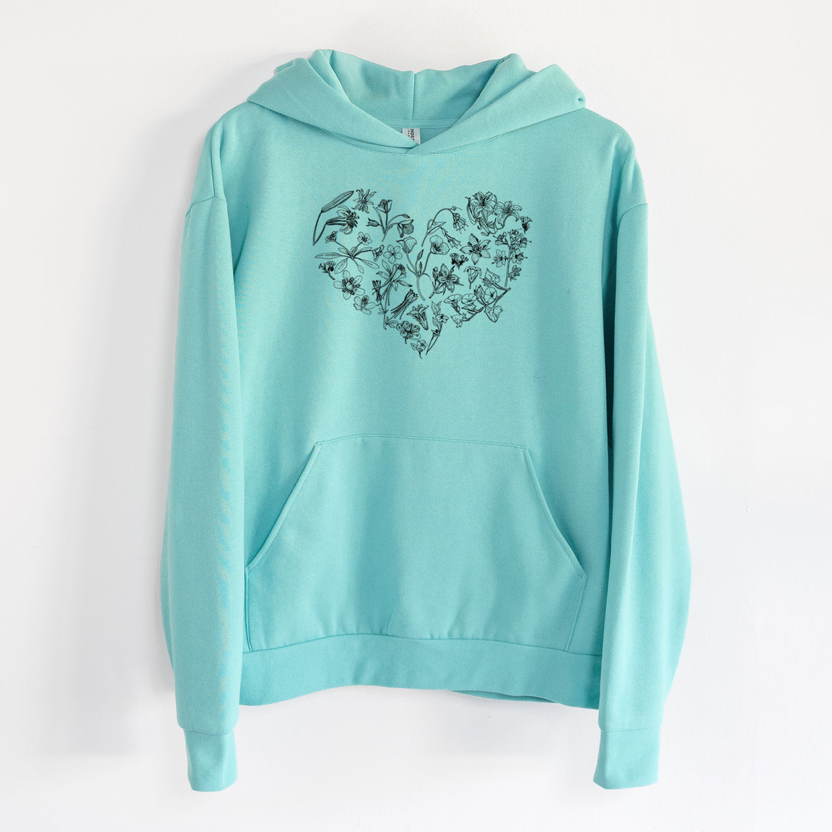 Heart Full of California Mountain Wildflowers - Statement Midweight Hoodie in Seafoam, hanging on a white wall, with a front kangaroo pocket and no drawcords.
