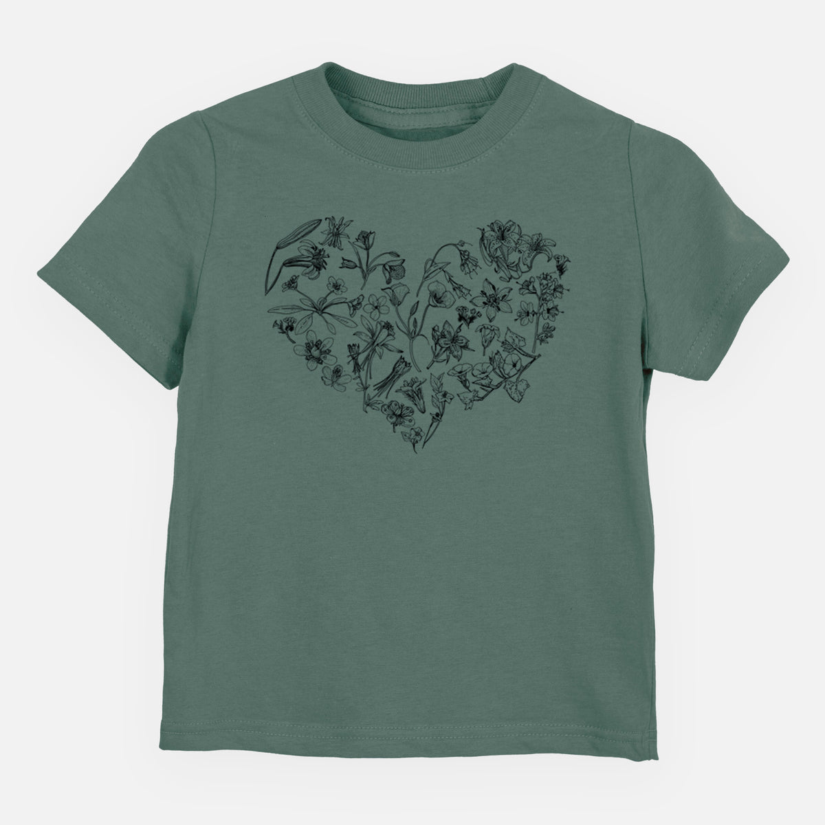 Basil green toddler t-shirt laid flat, printed with a heart shape filled with black ink California mountain wildflowers.