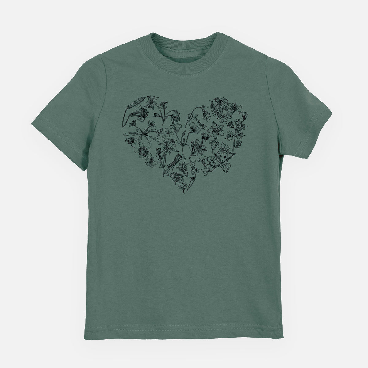 Basil green youth t-shirt laid flat, printed with a heart shape filled with black ink California mountain wildflowers.