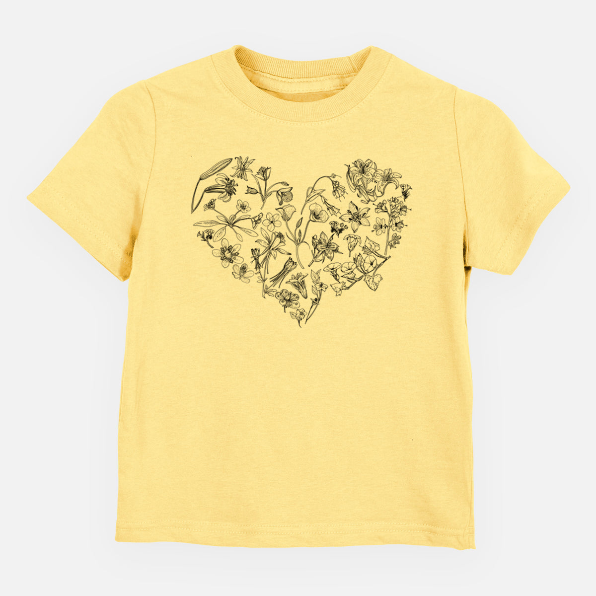 Butter yellow toddler t-shirt laid flat, printed with a heart shape filled with black ink California mountain wildflowers.