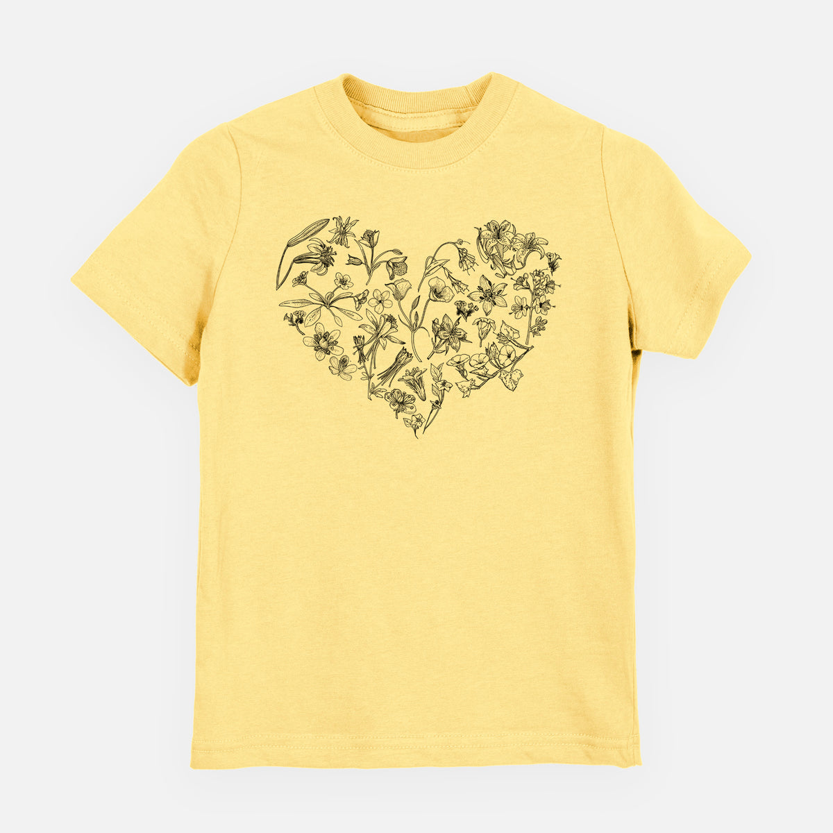 Butter yellow youth t-shirt laid flat, printed with a heart shape filled with black ink California mountain wildflowers.