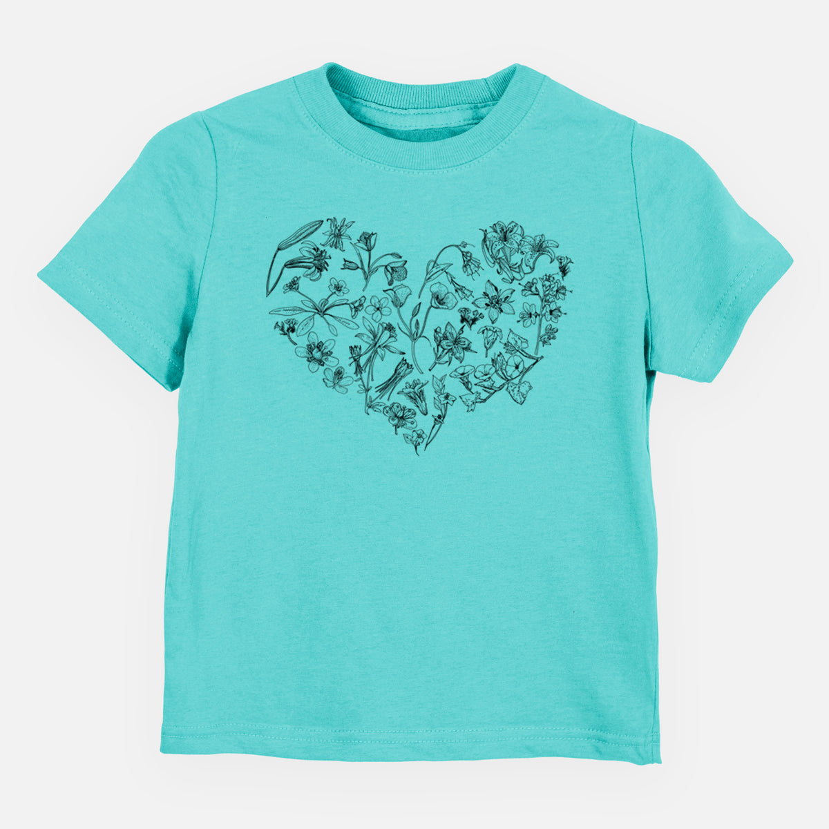 Caribbean blue toddler t-shirt laid flat, printed with a heart shape filled with black ink California mountain wildflowers.