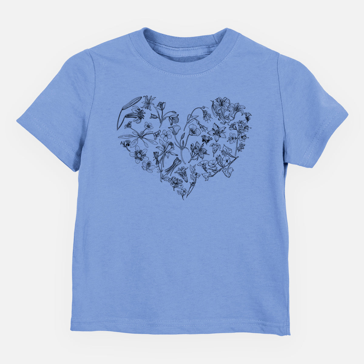 Carolina blue toddler t-shirt laid flat, printed with a heart shape filled with black ink California mountain wildflowers.
