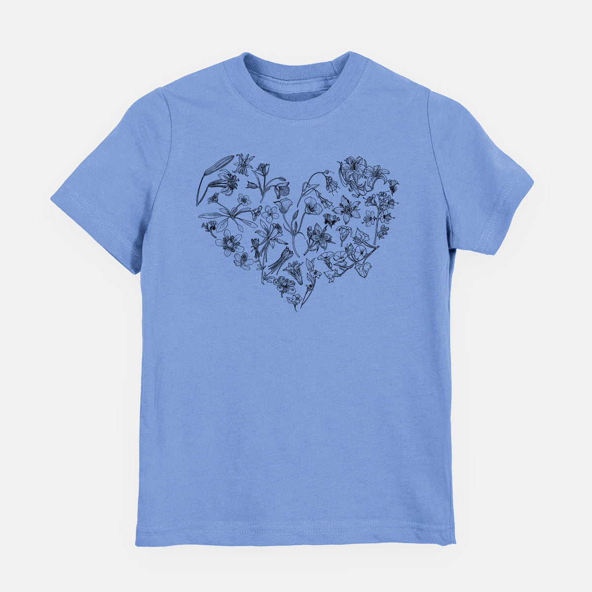 Carolina blue youth t-shirt laid flat, printed with a heart shape filled with black ink California mountain wildflowers.
