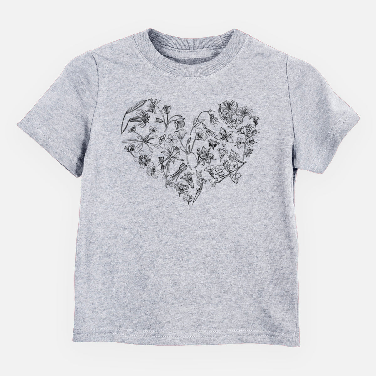 Heather grey toddler t-shirt laid flat, printed with a heart shape filled with black ink California mountain wildflowers.