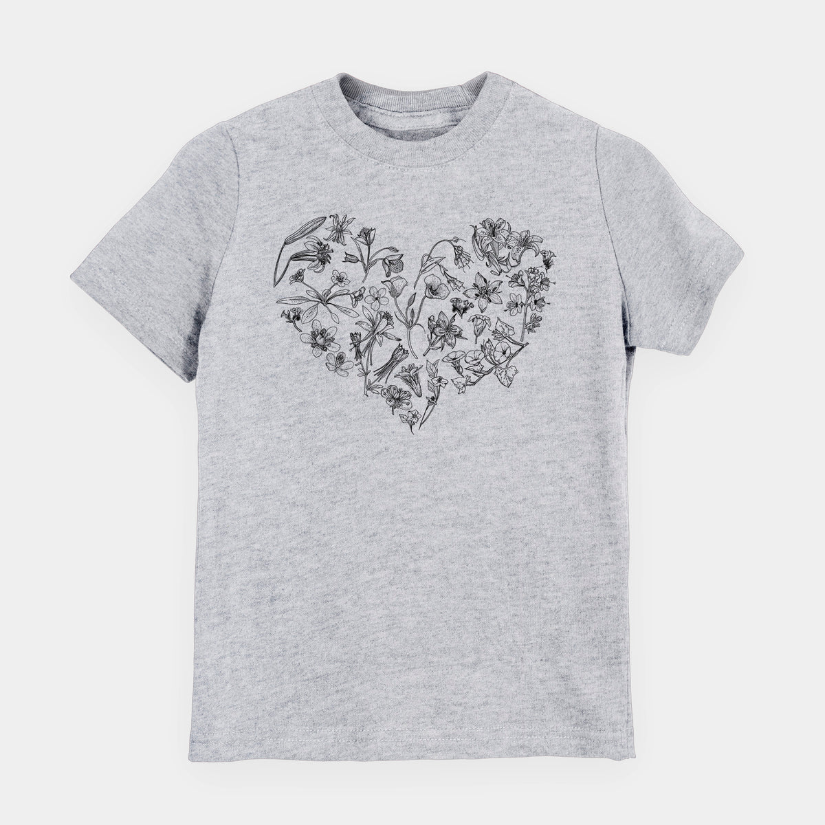 Heather grey youth t-shirt laid flat, printed with a heart shape filled with black ink California mountain wildflowers.