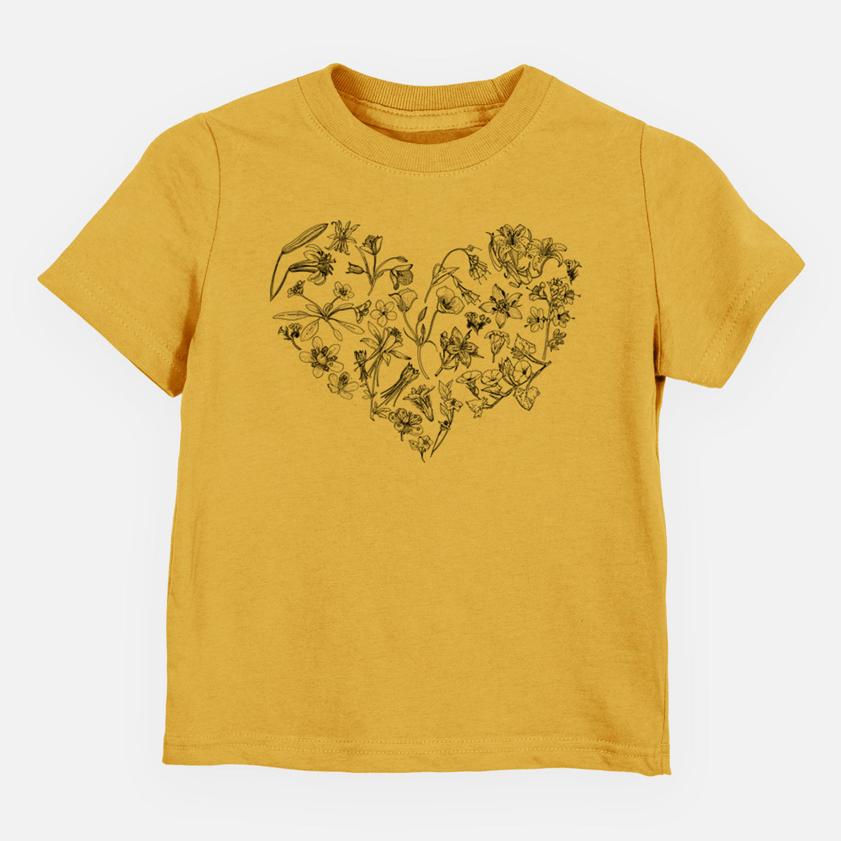 Honeycomb yellow toddler t-shirt laid flat, printed with a heart shape filled with black ink California mountain wildflowers.