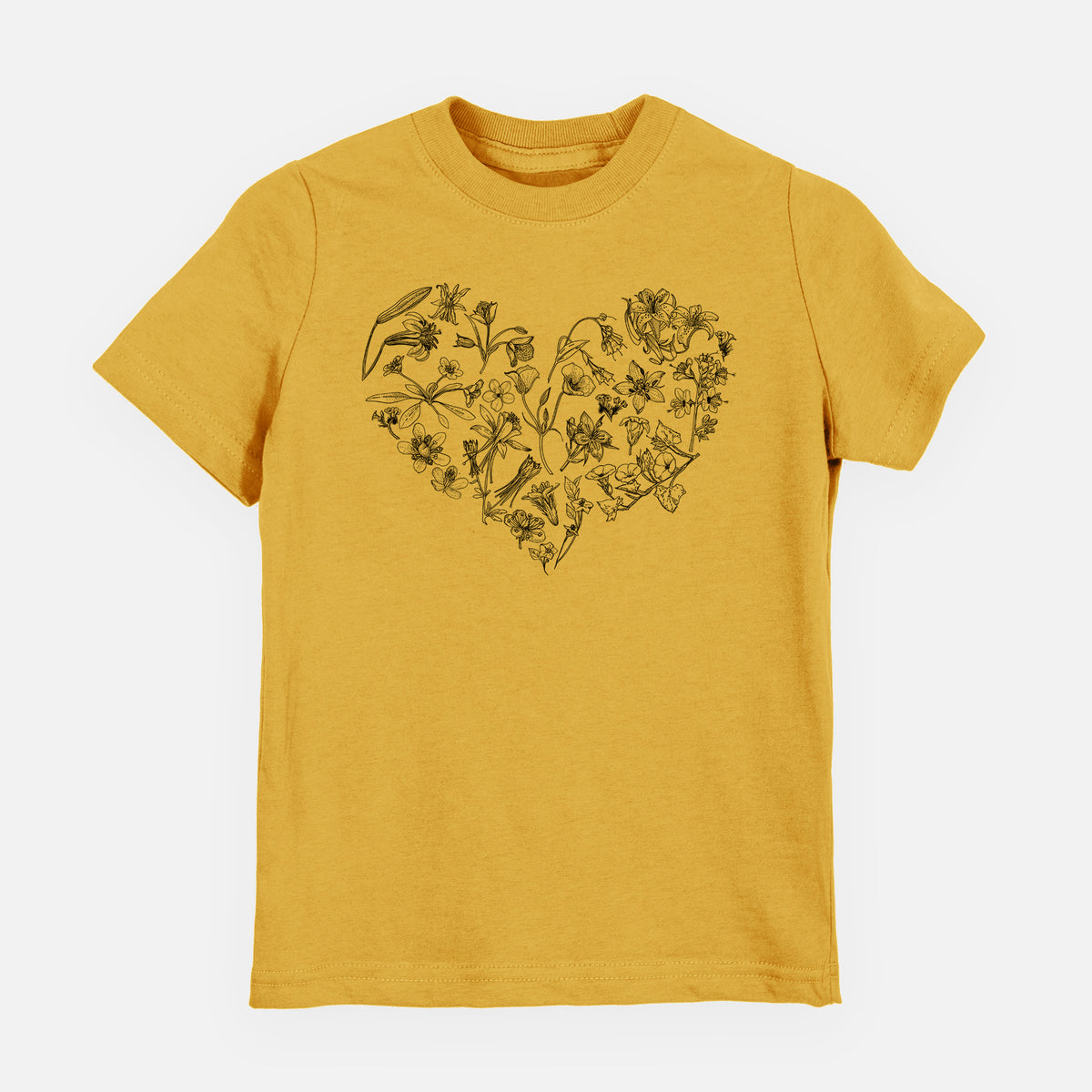 Honeycomb yellow youth t-shirt laid flat, printed with a heart shape filled with black ink California mountain wildflowers.