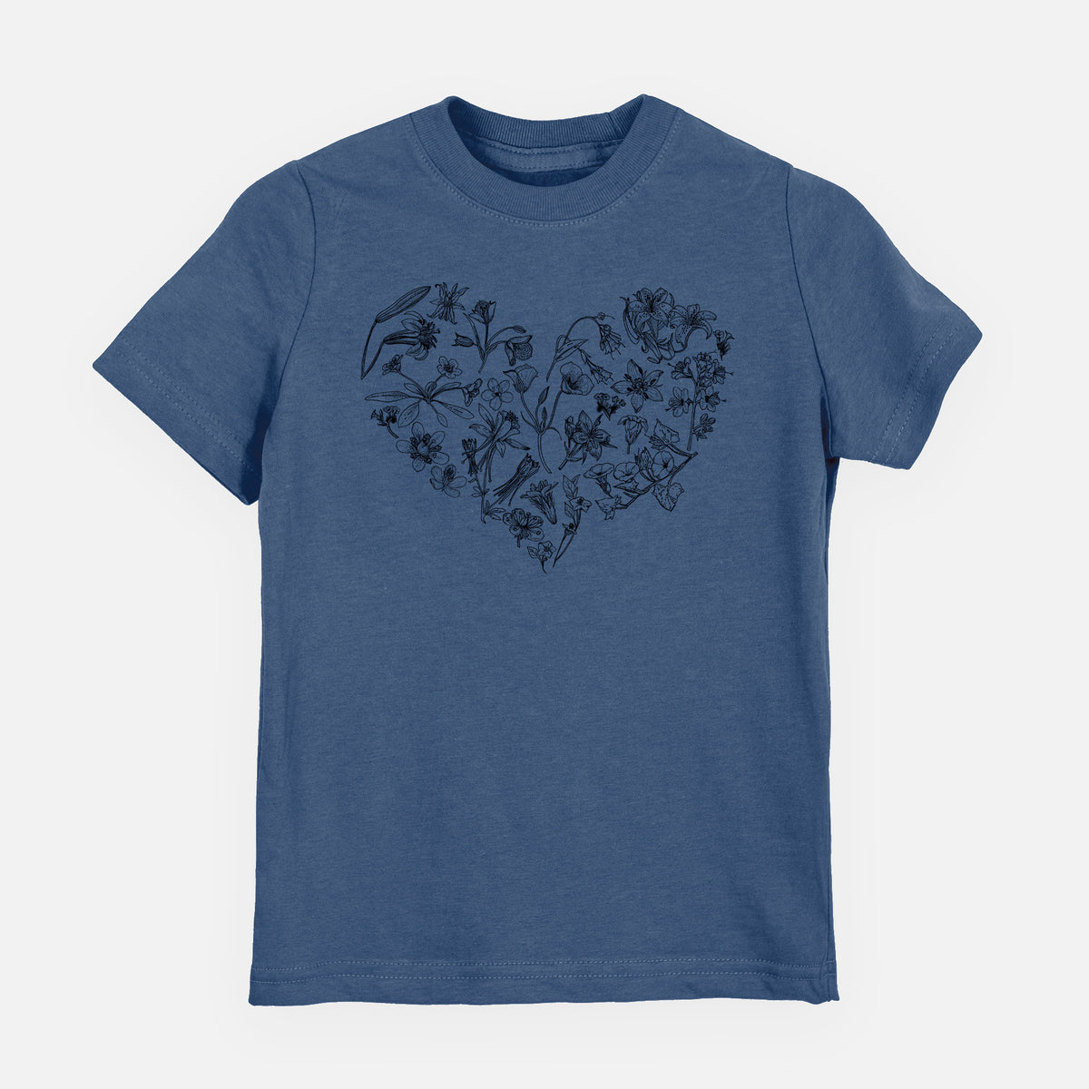 Indigo blue youth t-shirt laid flat, printed with a heart shape filled with black ink California mountain wildflowers.