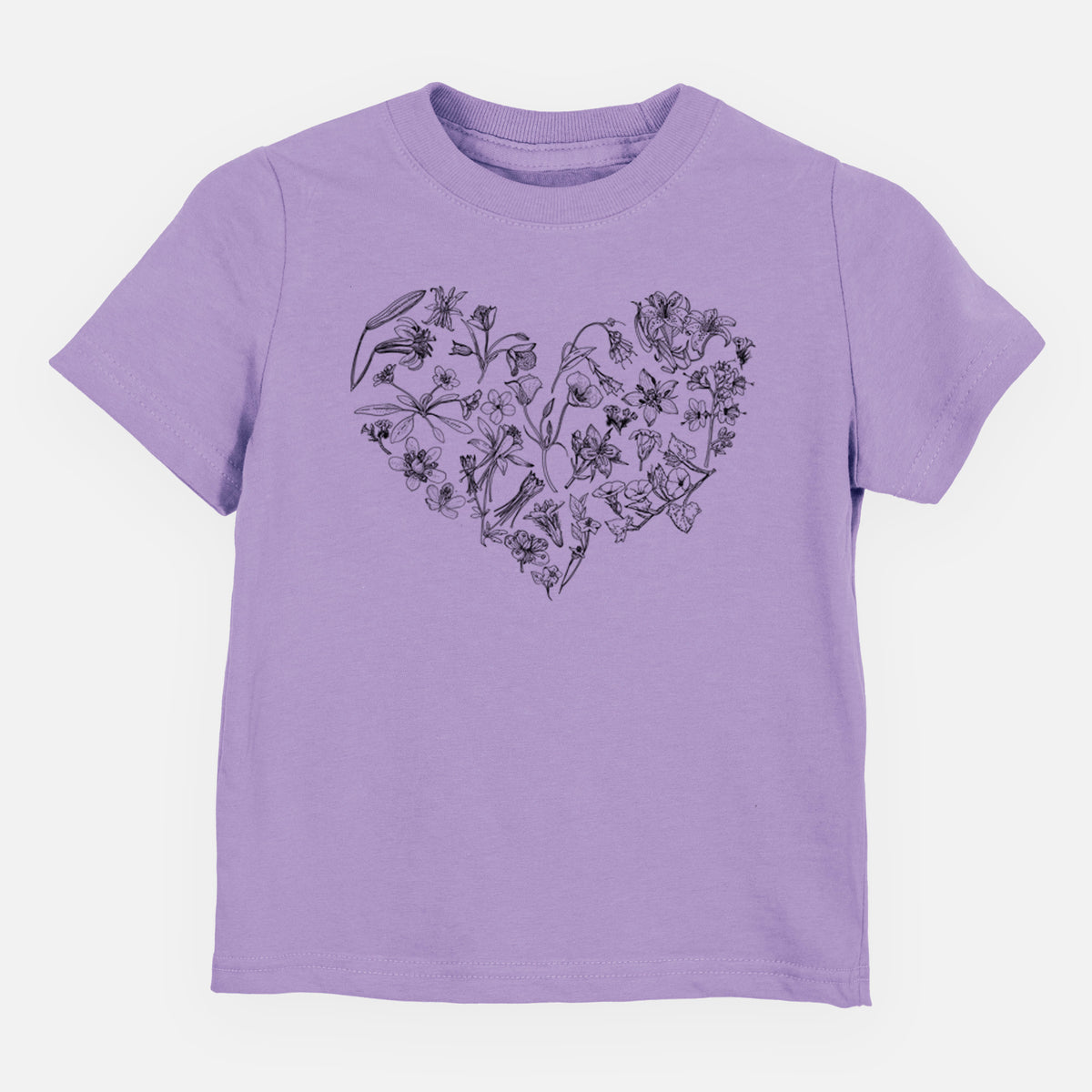 Lavender toddler t-shirt laid flat, printed with a heart shape filled with black ink California mountain wildflowers.
