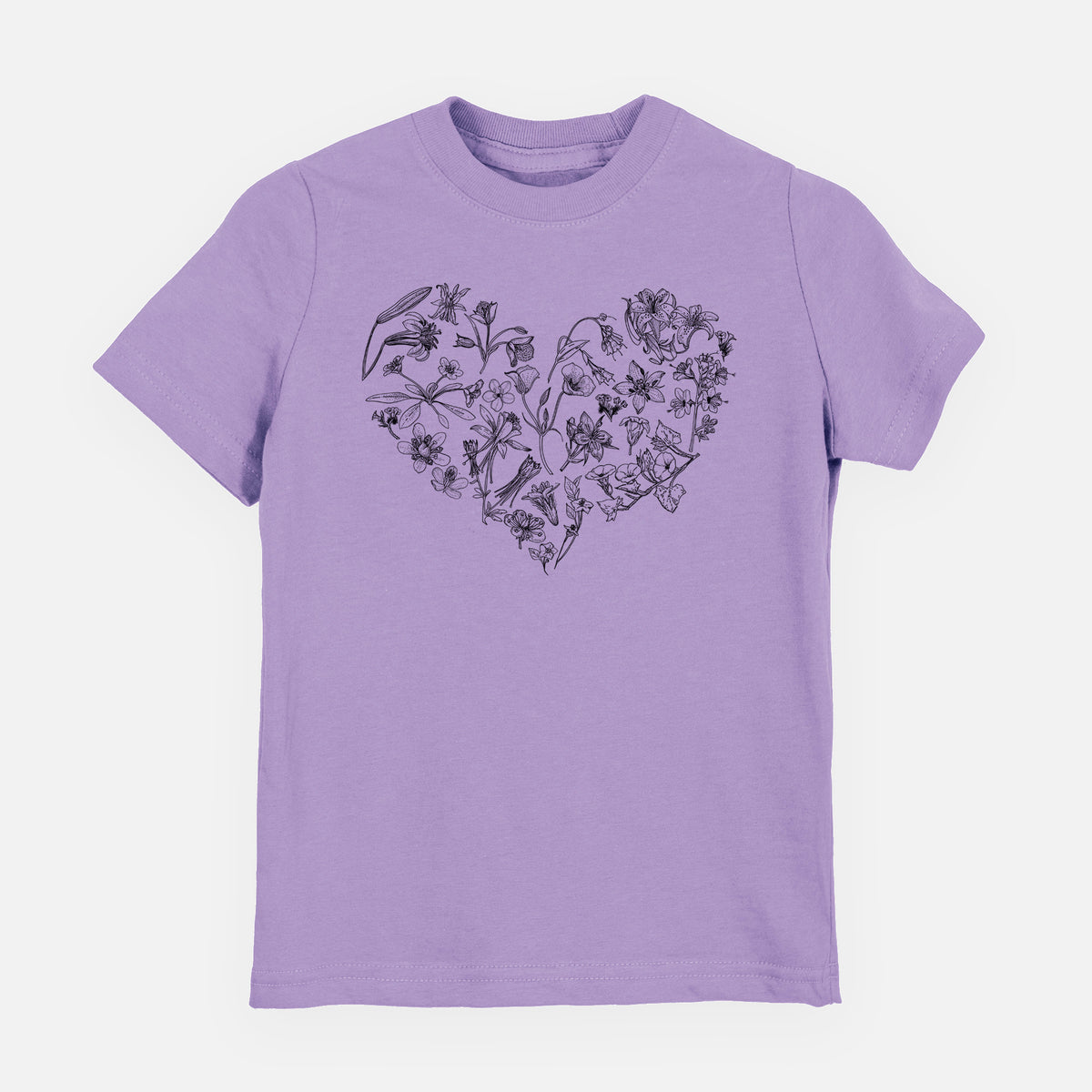 Lavender youth t-shirt laid flat, printed with a heart shape filled with black ink California mountain wildflowers.