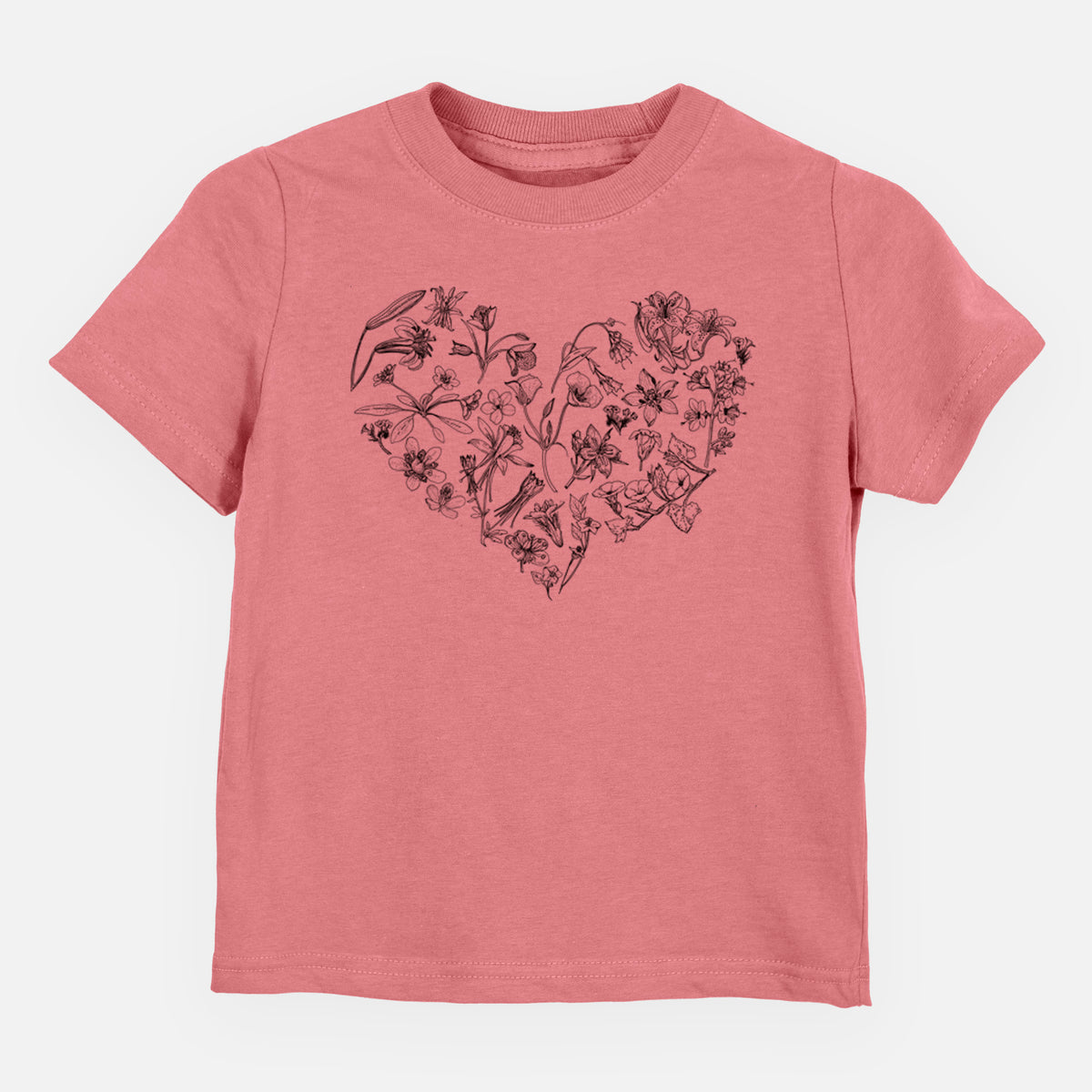 Mauve pink toddler t-shirt laid flat, printed with a heart shape filled with black ink California mountain wildflowers.