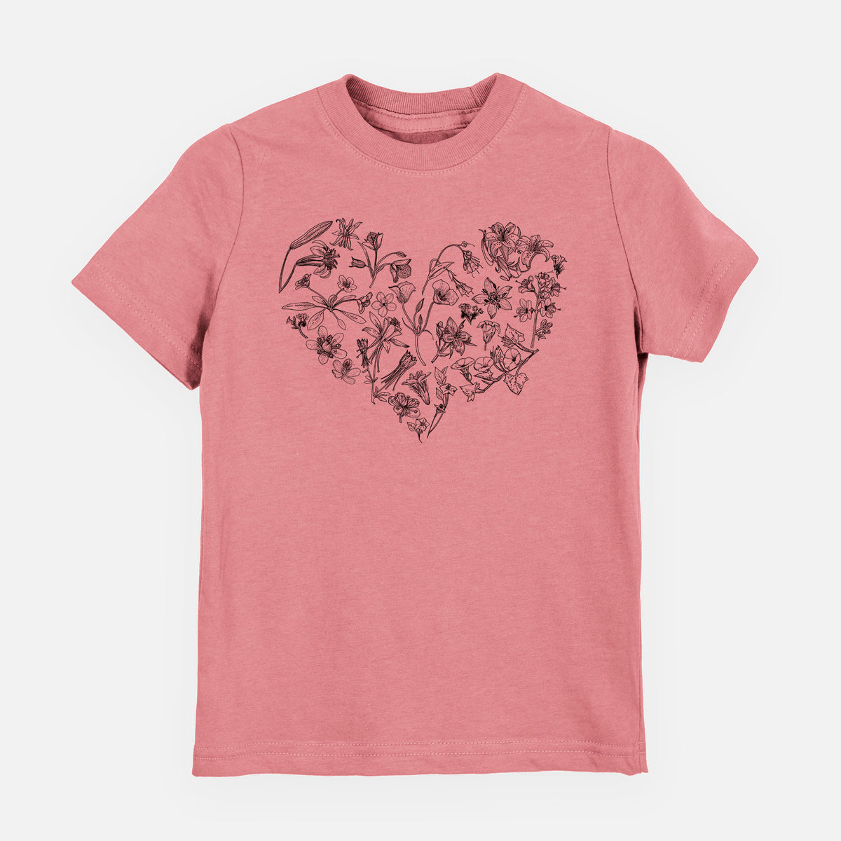Mauve pink youth t-shirt laid flat, printed with a heart shape filled with black ink California mountain wildflowers.