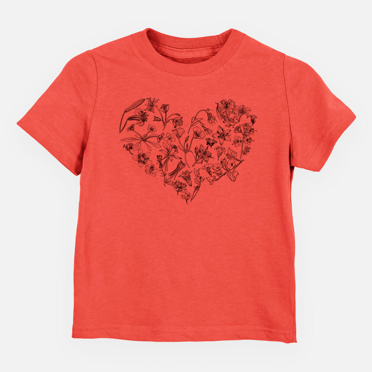 Passionfruit pink toddler t-shirt laid flat, printed with a heart shape filled with black ink California mountain wildflowers.