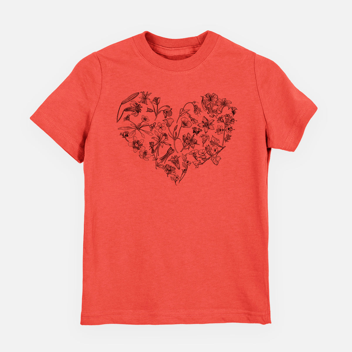 Passionfruit pink youth t-shirt laid flat, printed with a heart shape filled with black ink California mountain wildflowers.