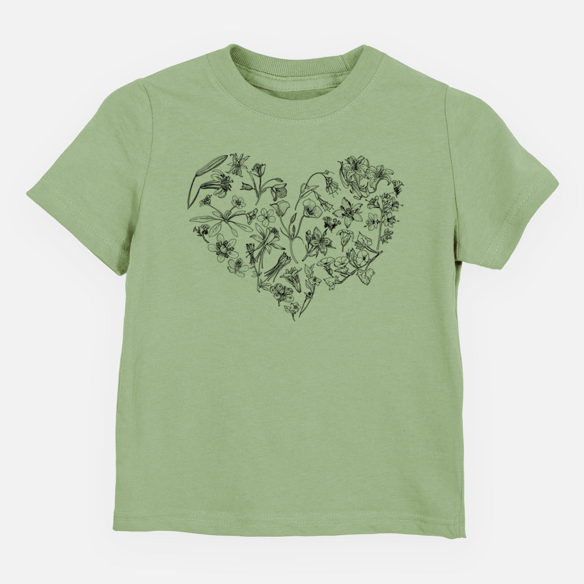 Sage green toddler t-shirt laid flat, printed with a heart shape filled with black ink California mountain wildflowers.