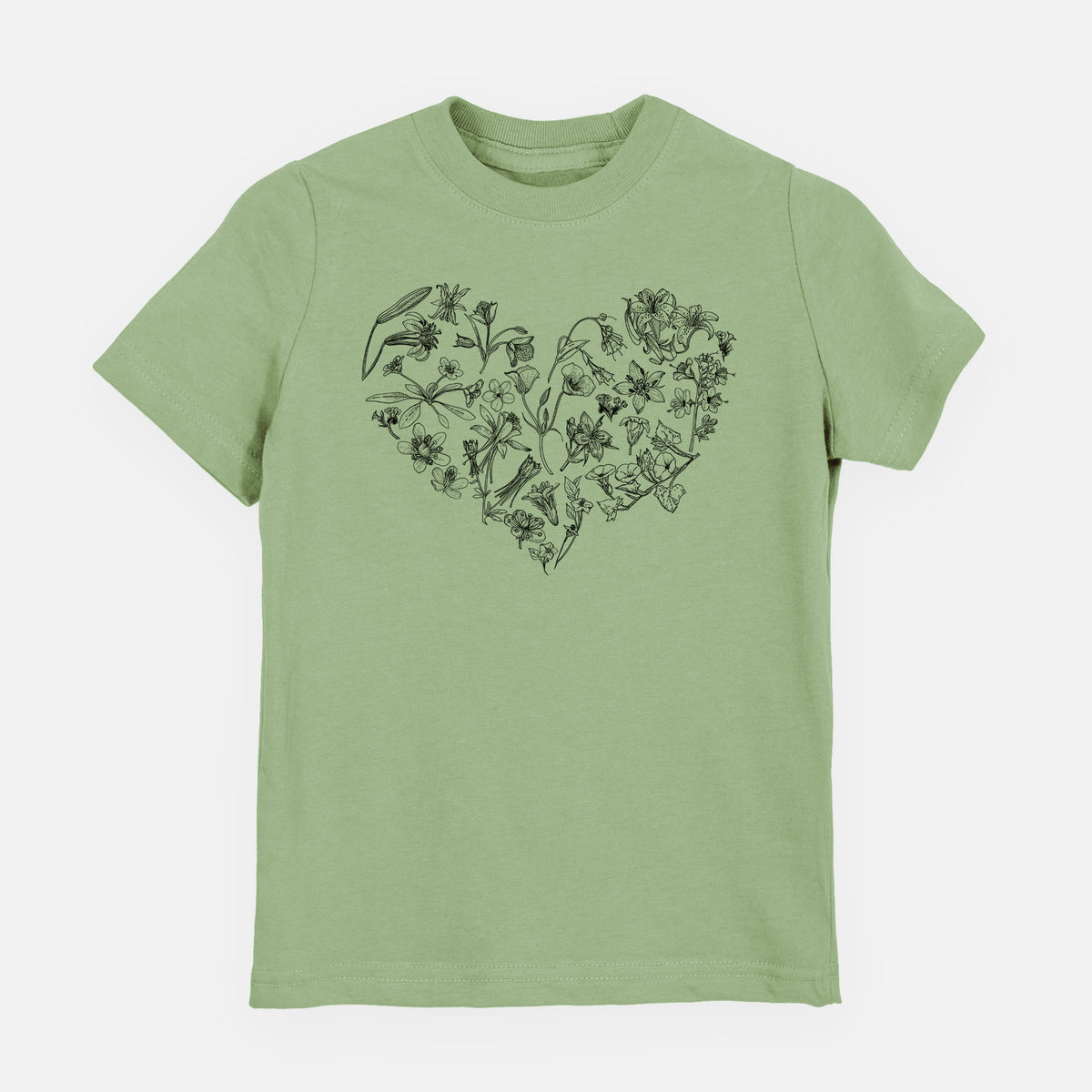 Sage green youth t-shirt laid flat, printed with a heart shape filled with black ink California mountain wildflowers.