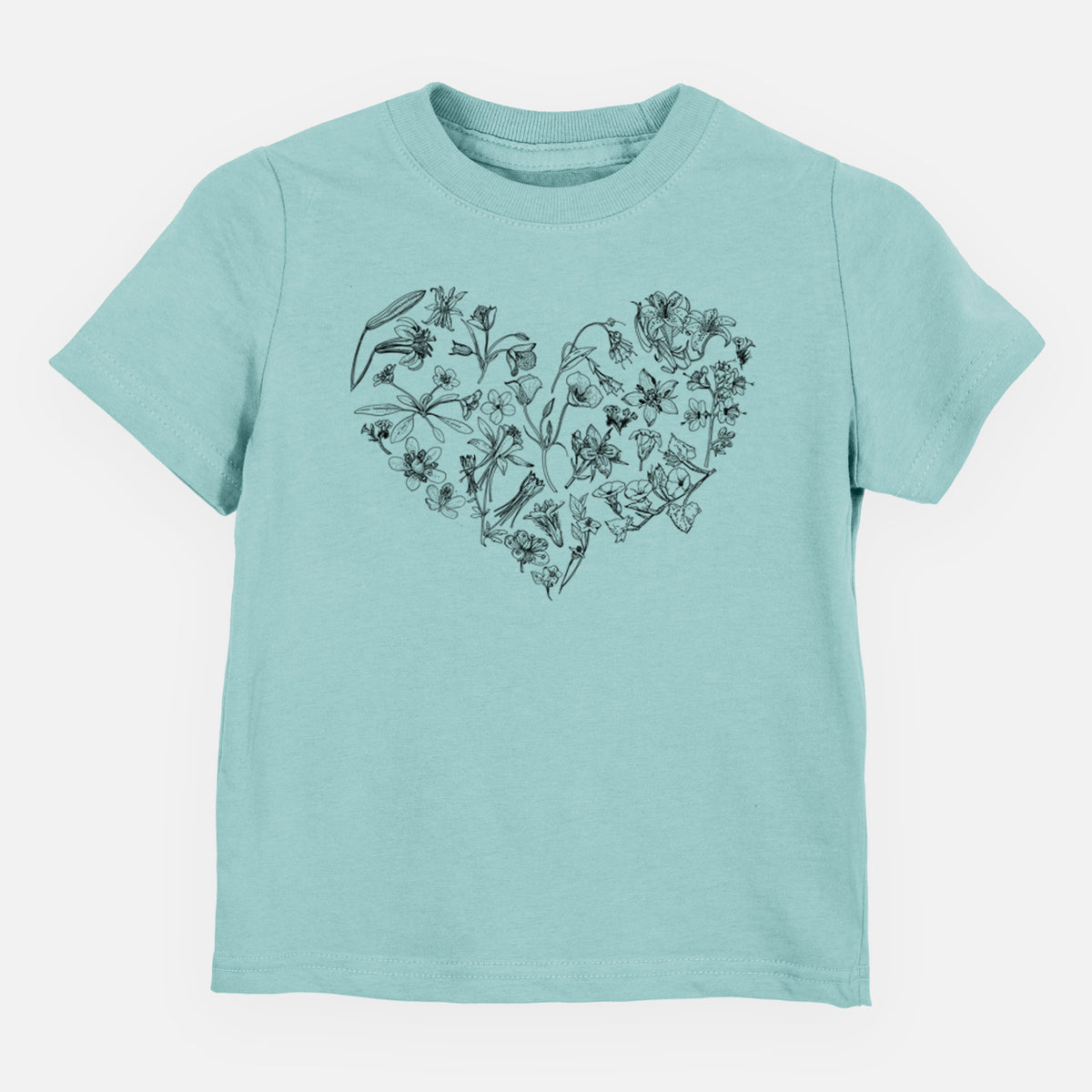 Saltwater toddler t-shirt laid flat, printed with a heart shape filled with black ink California mountain wildflowers.