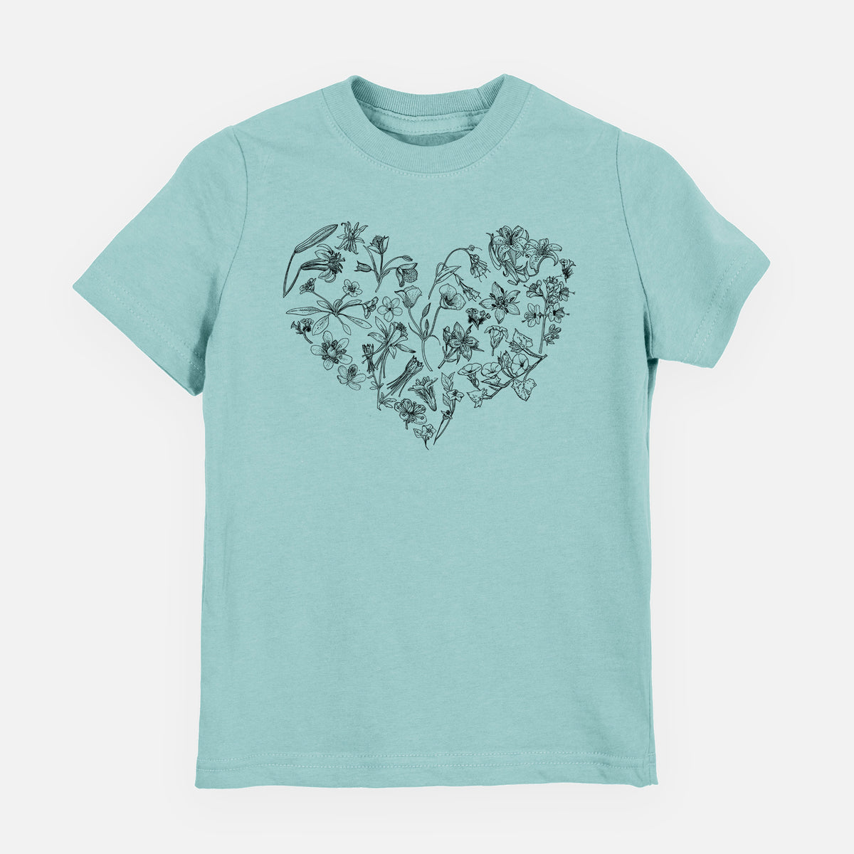 Saltwater youth t-shirt laid flat, printed with a heart shape filled with black ink California mountain wildflowers.