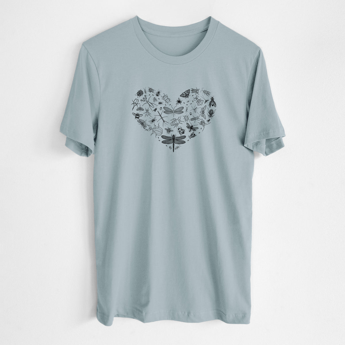 Vintage denim lightweight cotton t-shirt laid flat, printed with a heart shape filled with small black ink insects, including dragonflies, beetles and bees.