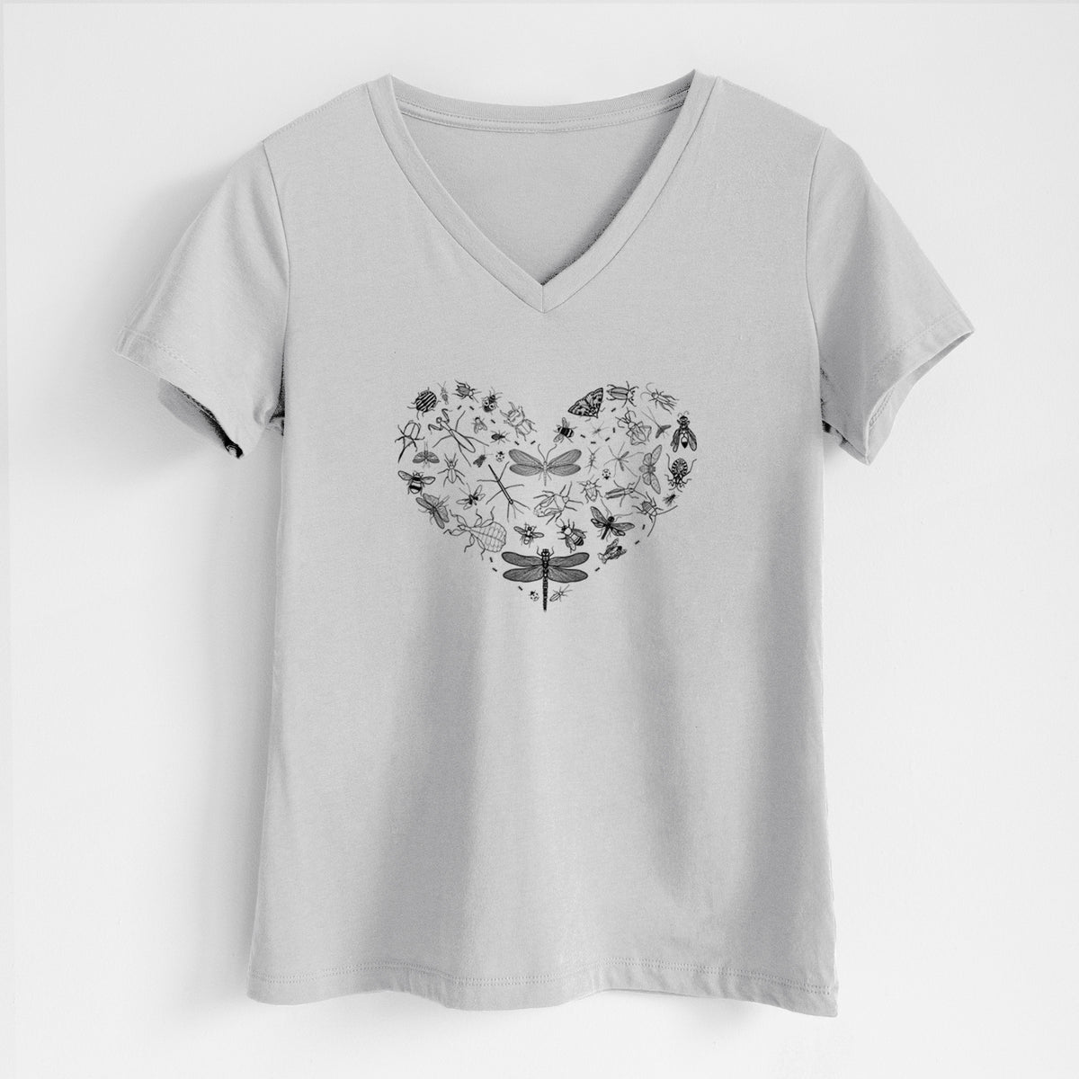 Lunar grey women's relaxed fit cotton V-neck t-shirt laid flat, printed with a heart shape filled with small black ink insects, including dragonflies, beetles and bees.