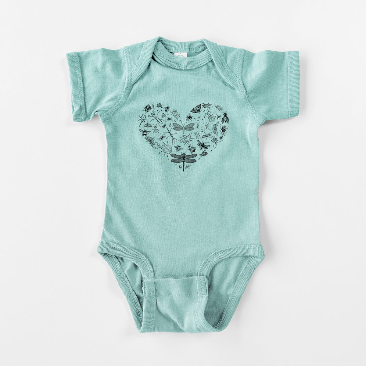 Saltwater baby bodysuit laid flat, printed with a heart shape filled with small black ink insects, including dragonflies, beetles and bees.
