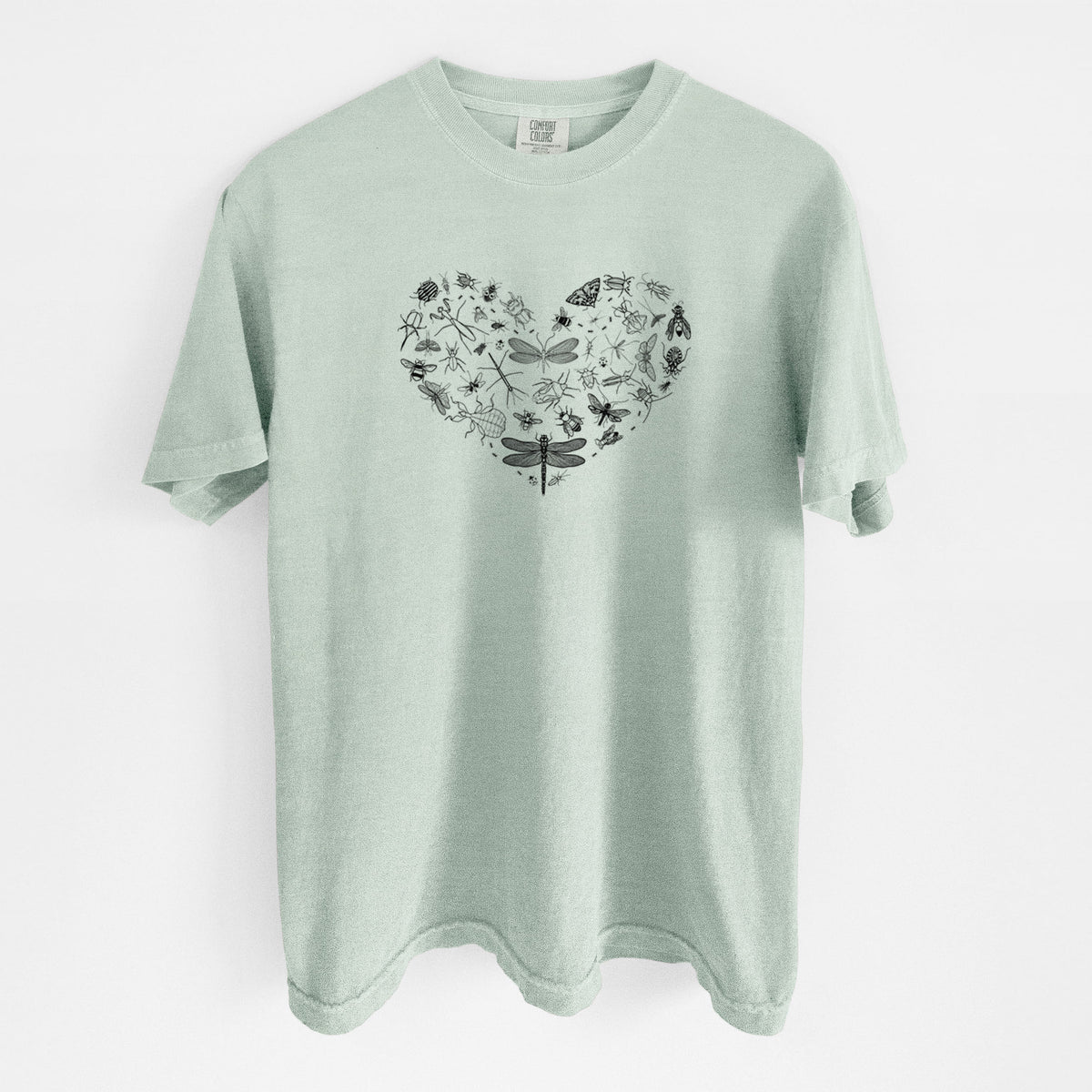 Bay green Comfort Colors t-shirt laid flat, printed with a heart shape filled with small black ink insects, including dragonflies, beetles and bees.
