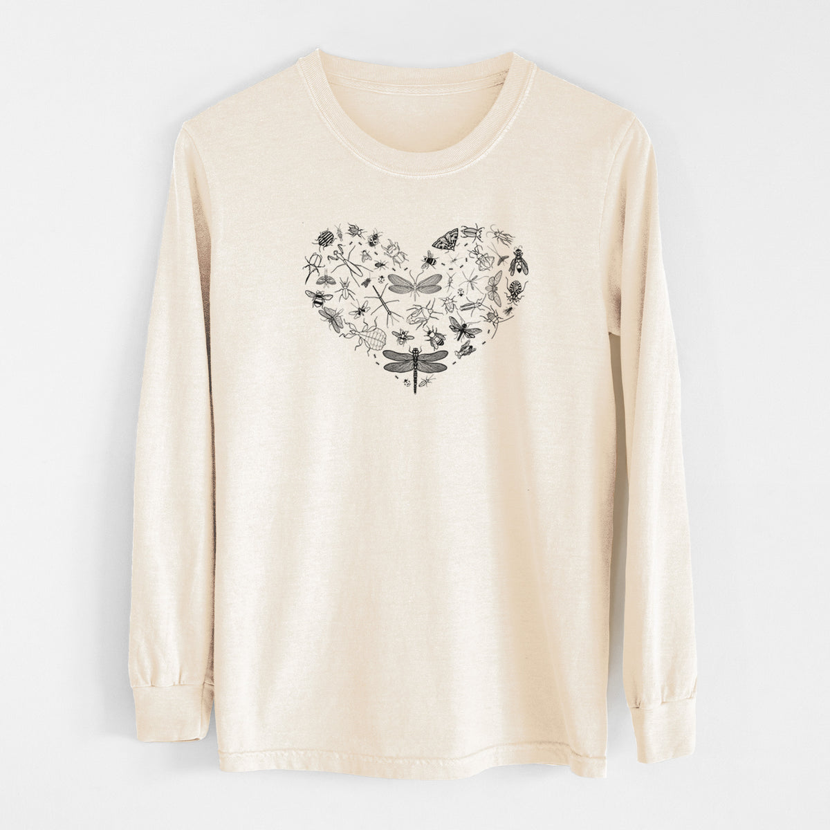 Ivory Comfort Colors long sleeve shirt laid flat, printed with a heart shape filled with small black ink insects, including dragonflies, beetles and bees.