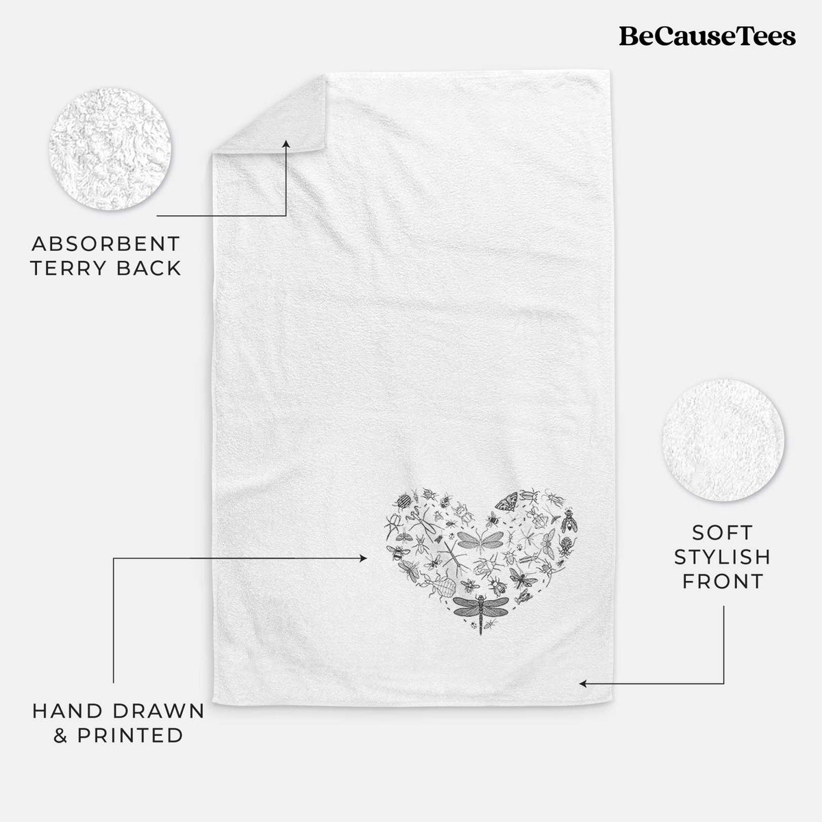 White hand towel printed with a heart shape filled with small black ink insects, including dragonflies, beetles and bees.