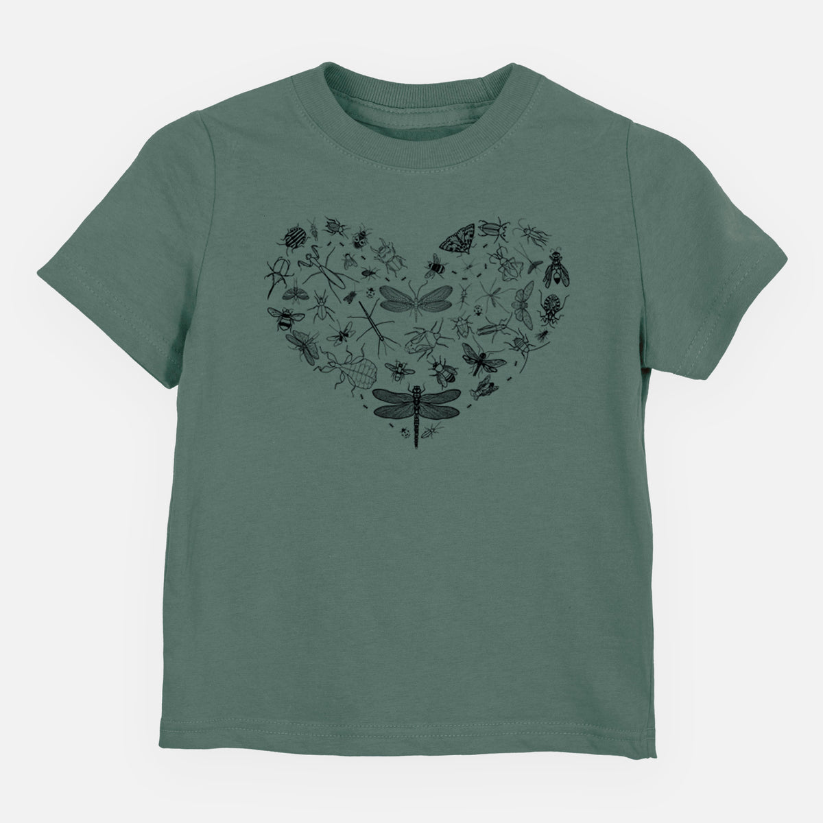 Basil green toddler t-shirt laid flat, printed with a heart shape filled with small black ink insects, including dragonflies, beetles and bees.