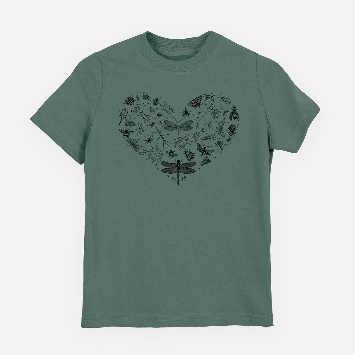 Basil green youth t-shirt laid flat, printed with a heart shape filled with small black ink insects, including dragonflies, beetles and bees.