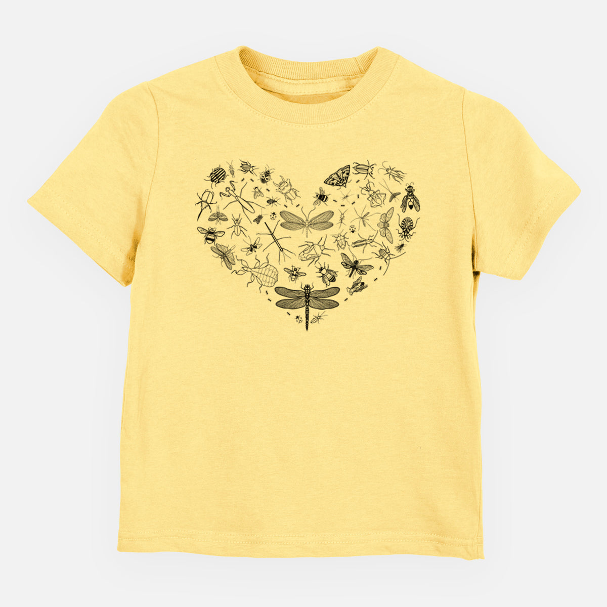 Butter yellow toddler t-shirt laid flat, printed with a heart shape filled with small black ink insects, including dragonflies, beetles and bees.