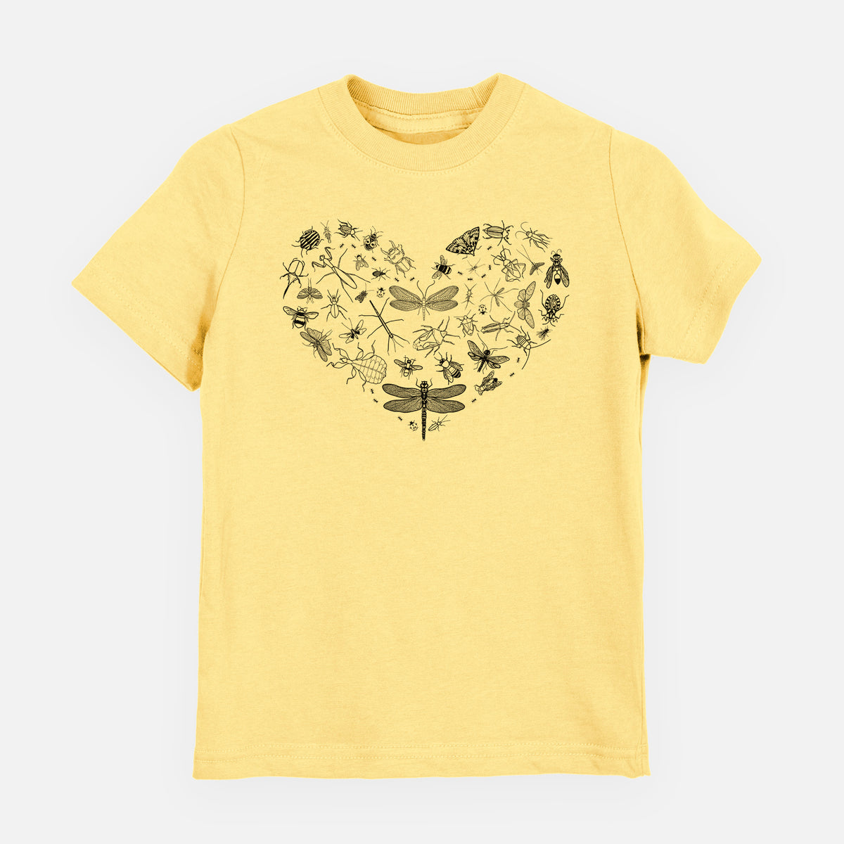 Butter yellow youth t-shirt laid flat, printed with a heart shape filled with small black ink insects, including dragonflies, beetles and bees.