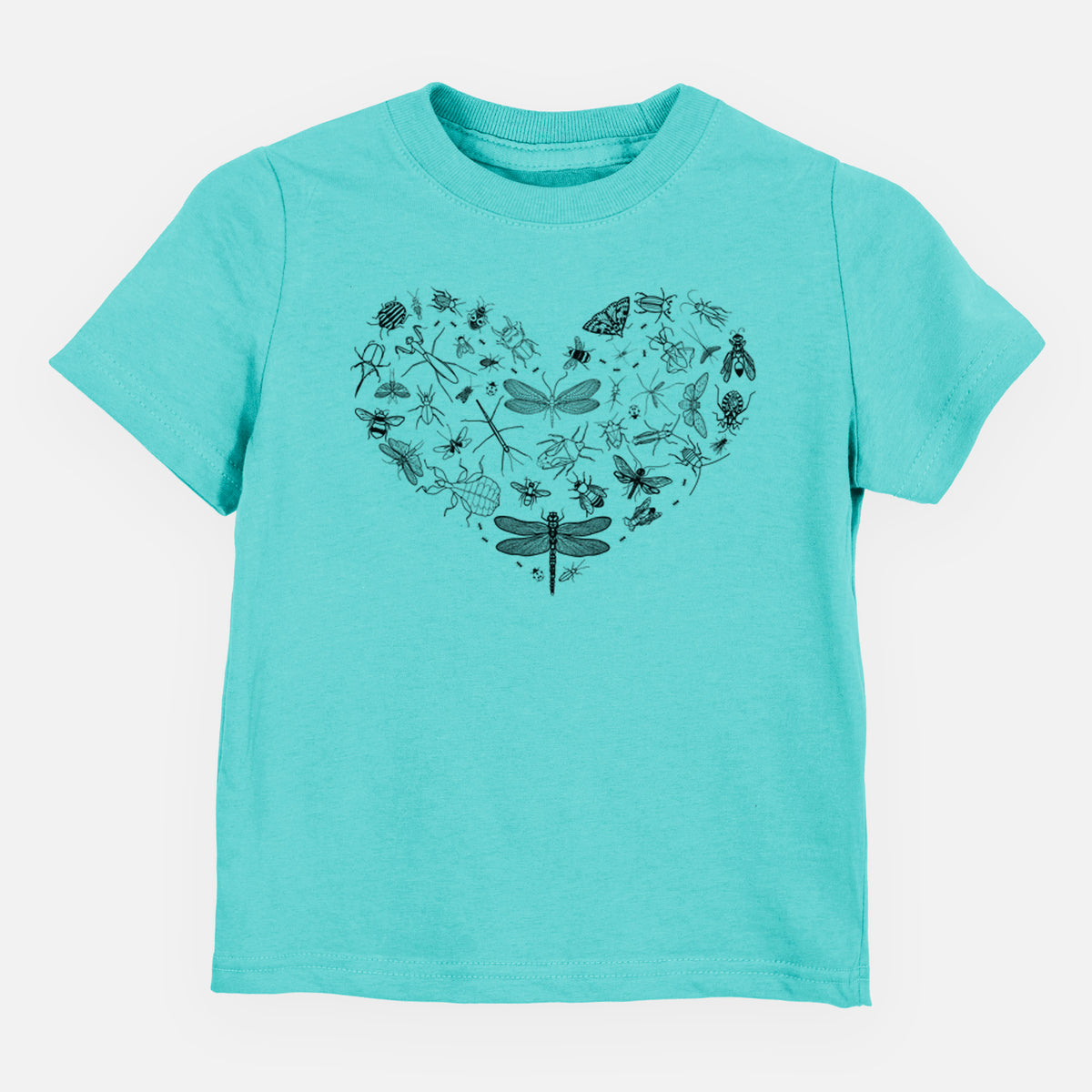 Caribbean blue toddler t-shirt laid flat, printed with a heart shape filled with small black ink insects, including dragonflies, beetles and bees.