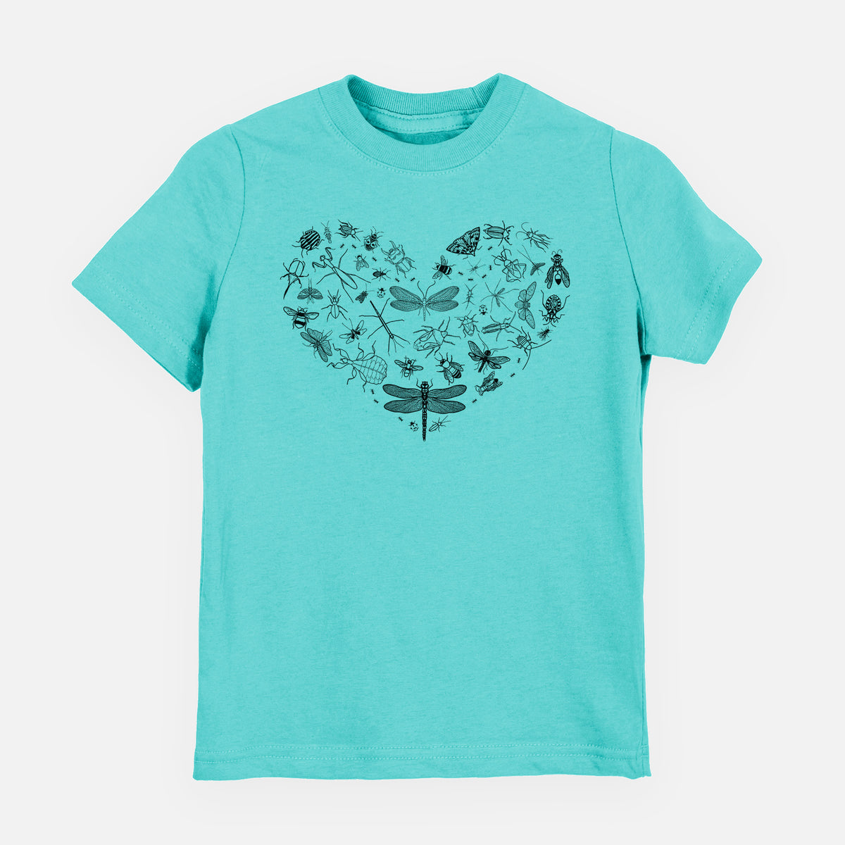 Caribbean blue youth t-shirt laid flat, printed with a heart shape filled with small black ink insects, including dragonflies, beetles and bees.