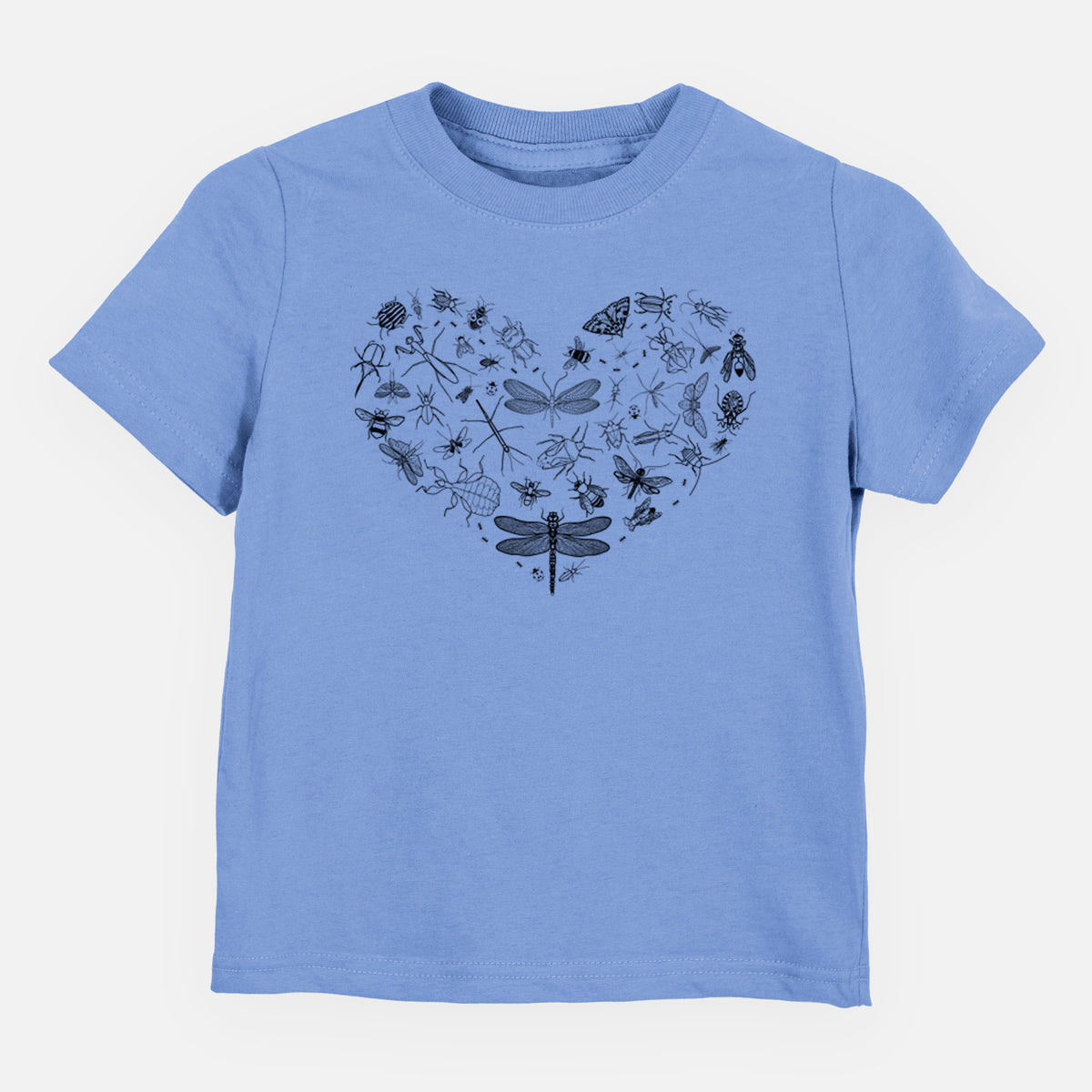 Carolina blue toddler t-shirt laid flat, printed with a heart shape filled with small black ink insects, including dragonflies, beetles and bees.