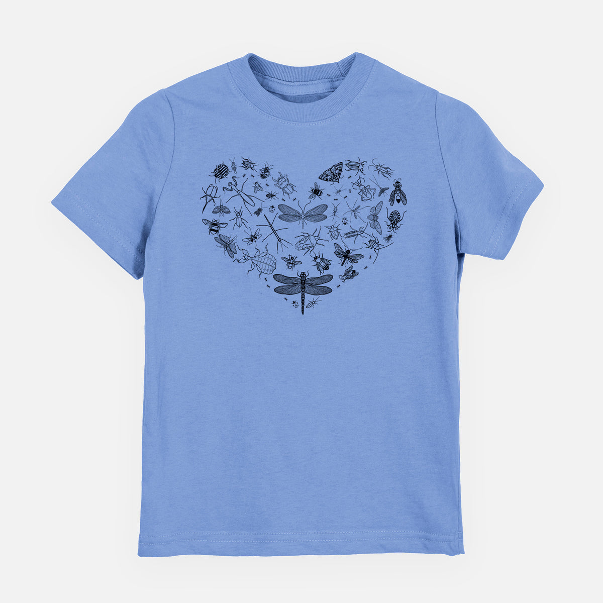 Carolina blue youth t-shirt laid flat, printed with a heart shape filled with small black ink insects, including dragonflies, beetles and bees.