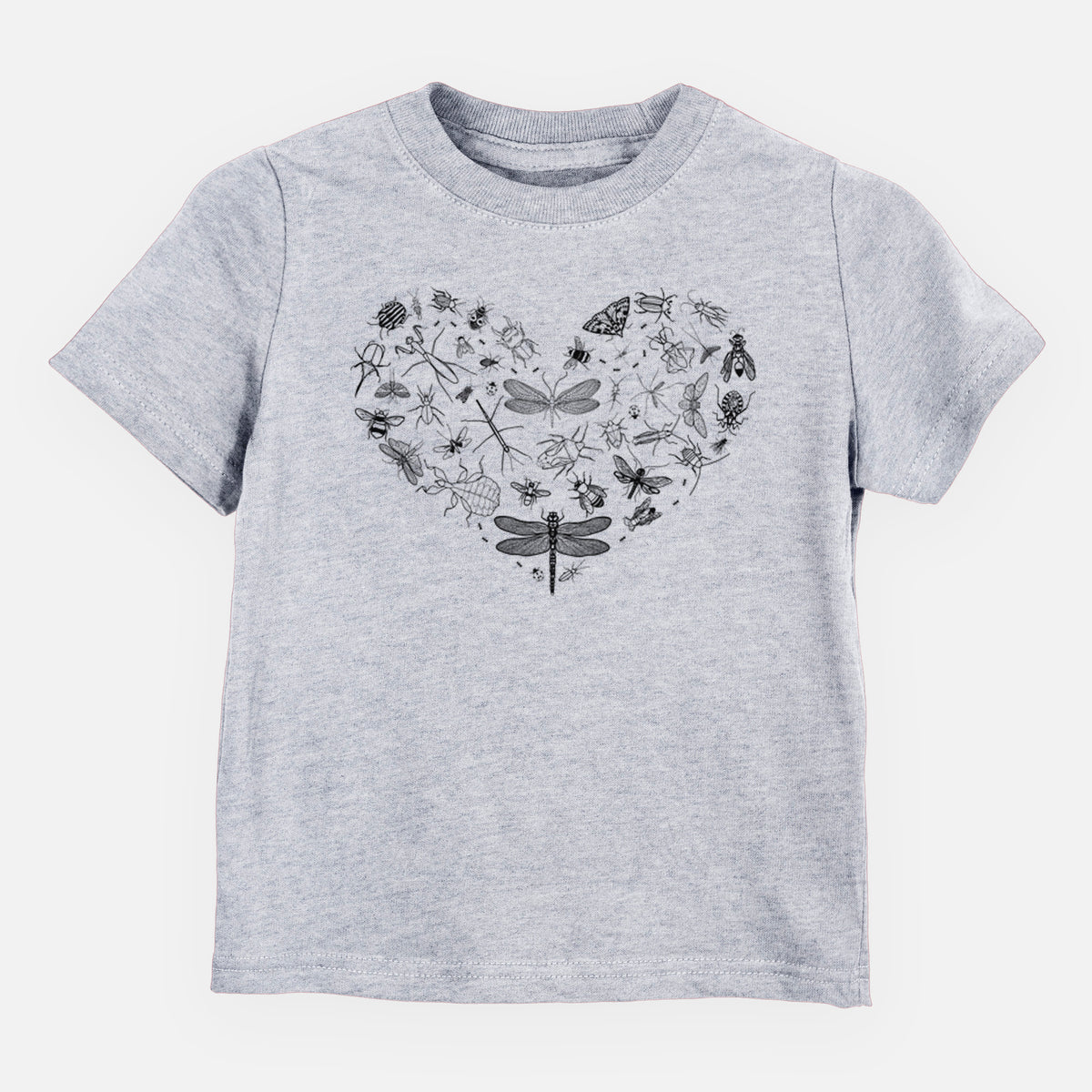Heather grey toddler t-shirt laid flat, printed with a heart shape filled with small black ink insects, including dragonflies, beetles and bees.