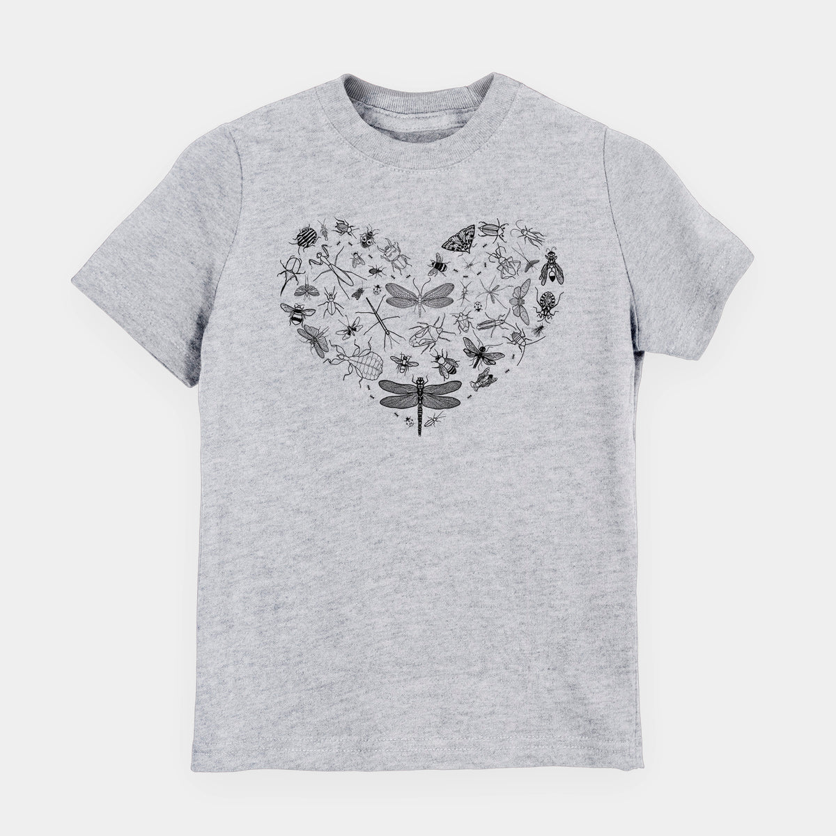 Heather grey youth t-shirt laid flat, printed with a heart shape filled with small black ink insects, including dragonflies, beetles and bees.
