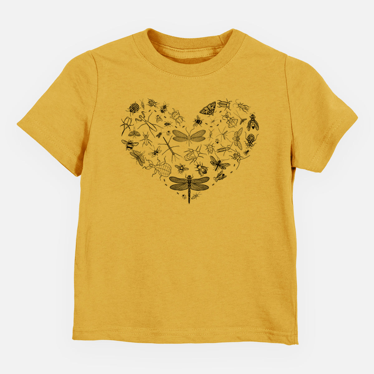 Honeycomb yellow toddler t-shirt laid flat, printed with a heart shape filled with small black ink insects, including dragonflies, beetles and bees.