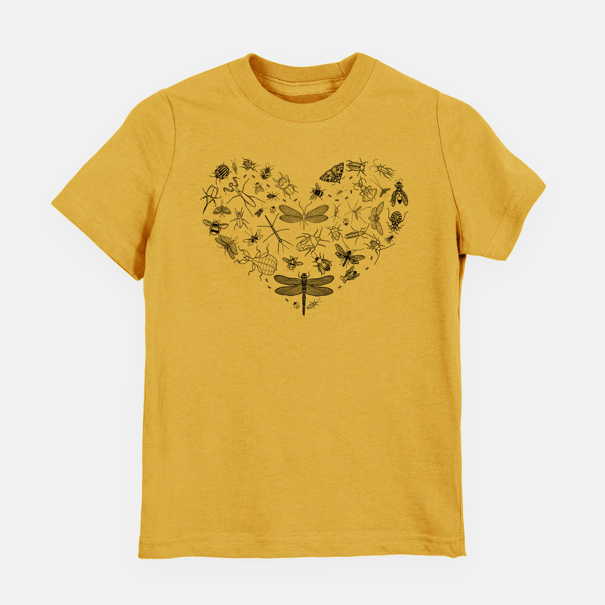 Honeycomb yellow youth t-shirt laid flat, printed with a heart shape filled with small black ink insects, including dragonflies, beetles and bees.
