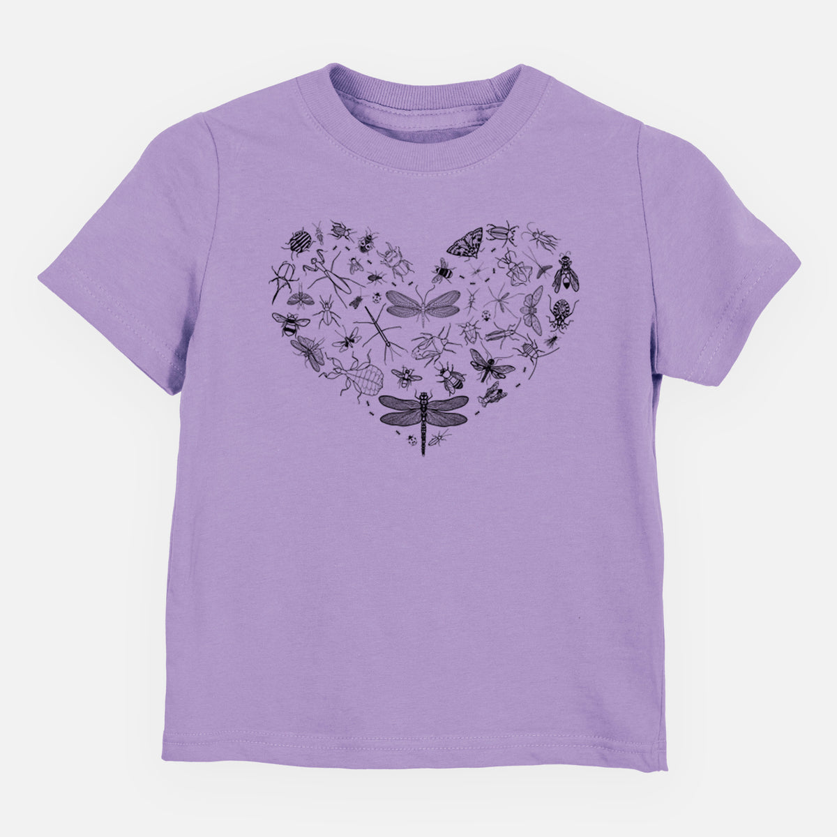 Lavender toddler t-shirt laid flat, printed with a heart shape filled with small black ink insects, including dragonflies, beetles and bees.