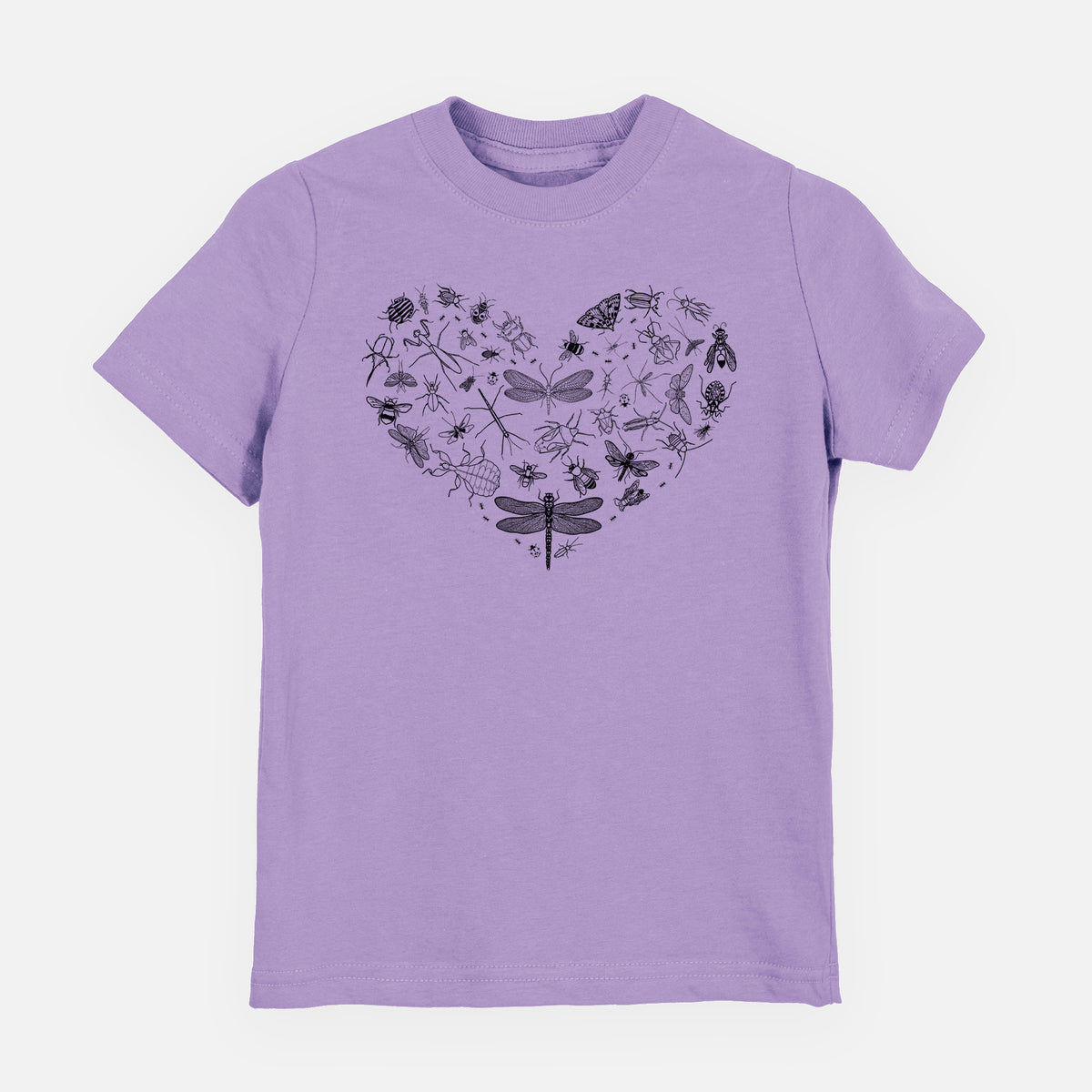 Lavender youth t-shirt laid flat, printed with a heart shape filled with small black ink insects, including dragonflies, beetles and bees.