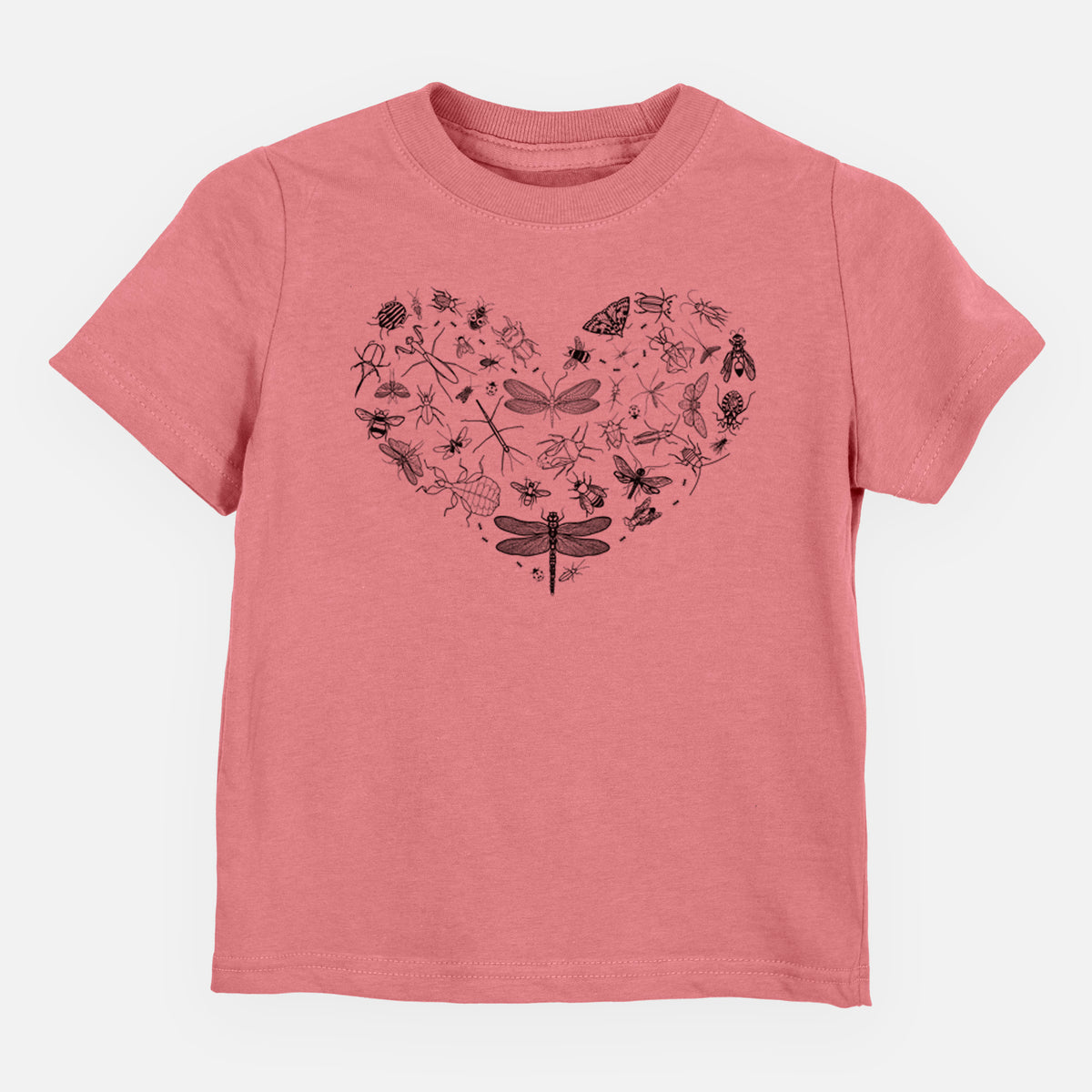 Mauve pink toddler t-shirt laid flat, printed with a heart shape filled with small black ink insects, including dragonflies, beetles and bees.