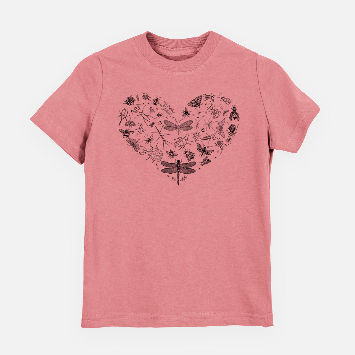 Mauve pink youth t-shirt laid flat, printed with a heart shape filled with small black ink insects, including dragonflies, beetles and bees.